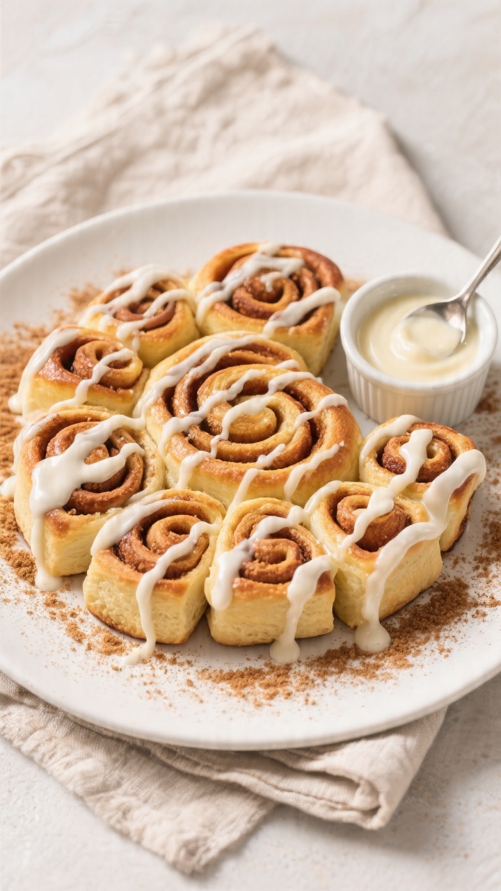 Overhead tasty top view: Warm cinnamon roll bites arranged in a tight spiral on a matte white plate,