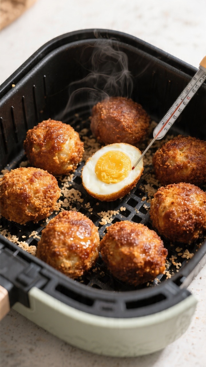 Overhead, top-down shot of a small batch of Scotch eggs just finished in the air fryer basket: evenl