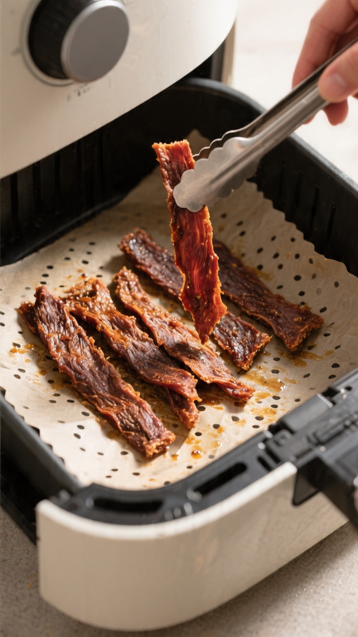 Process-focused image of cooked lamb jerky strips mid-batch in the air fryer basket: single layer, n