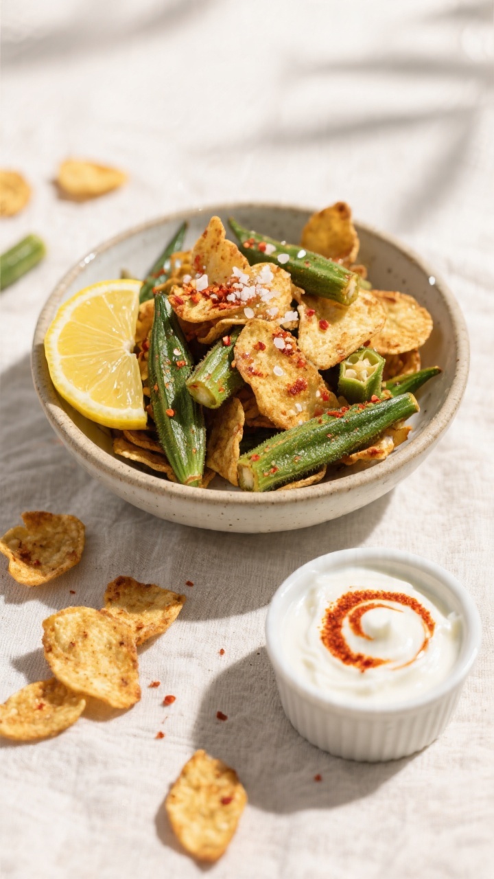 Tasty top-down final presentation: overhead shot of a shallow ceramic bowl piled with okra chips, fi