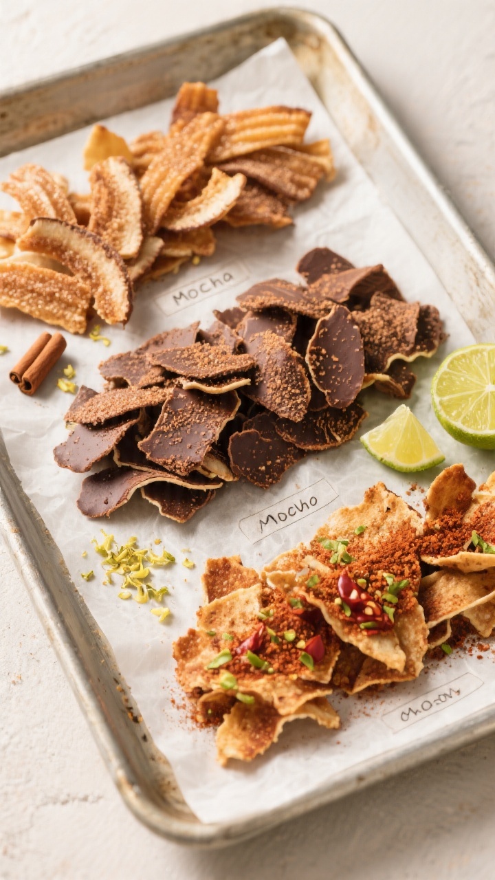 Tasty top view, overhead: Overhead shot of three flavor variations of finished coconut chips arrange