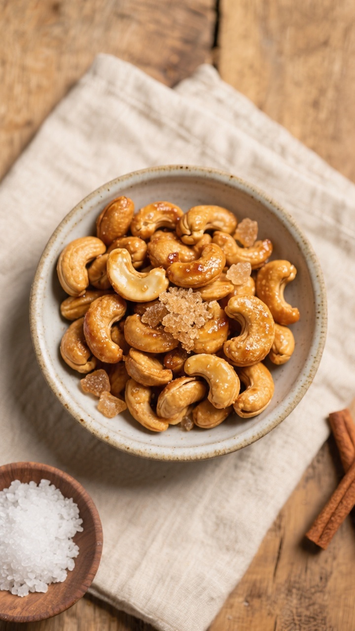 Tasty top view: Overhead shot of a cooled, finished batch of air fryer honey roasted cashews arrange