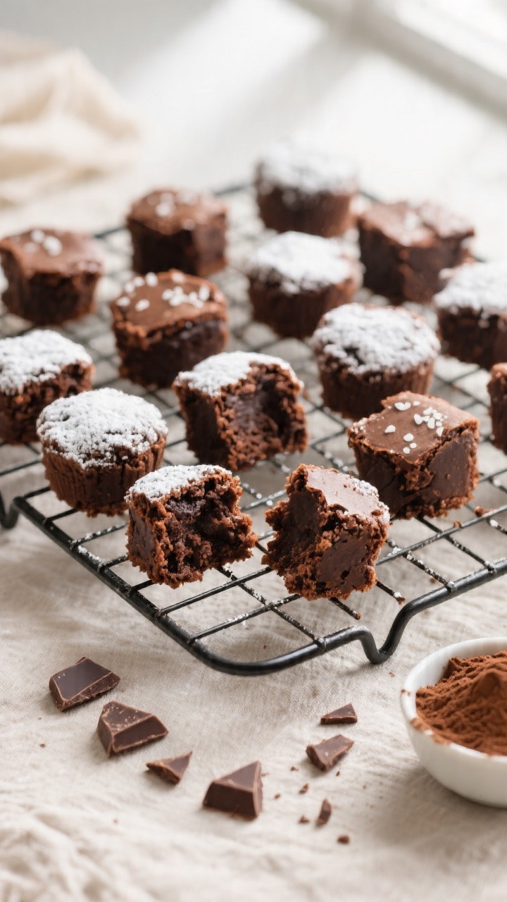 Tasty top view: Overhead shot of a cooling rack filled with brownie bites, some dusted with powdered