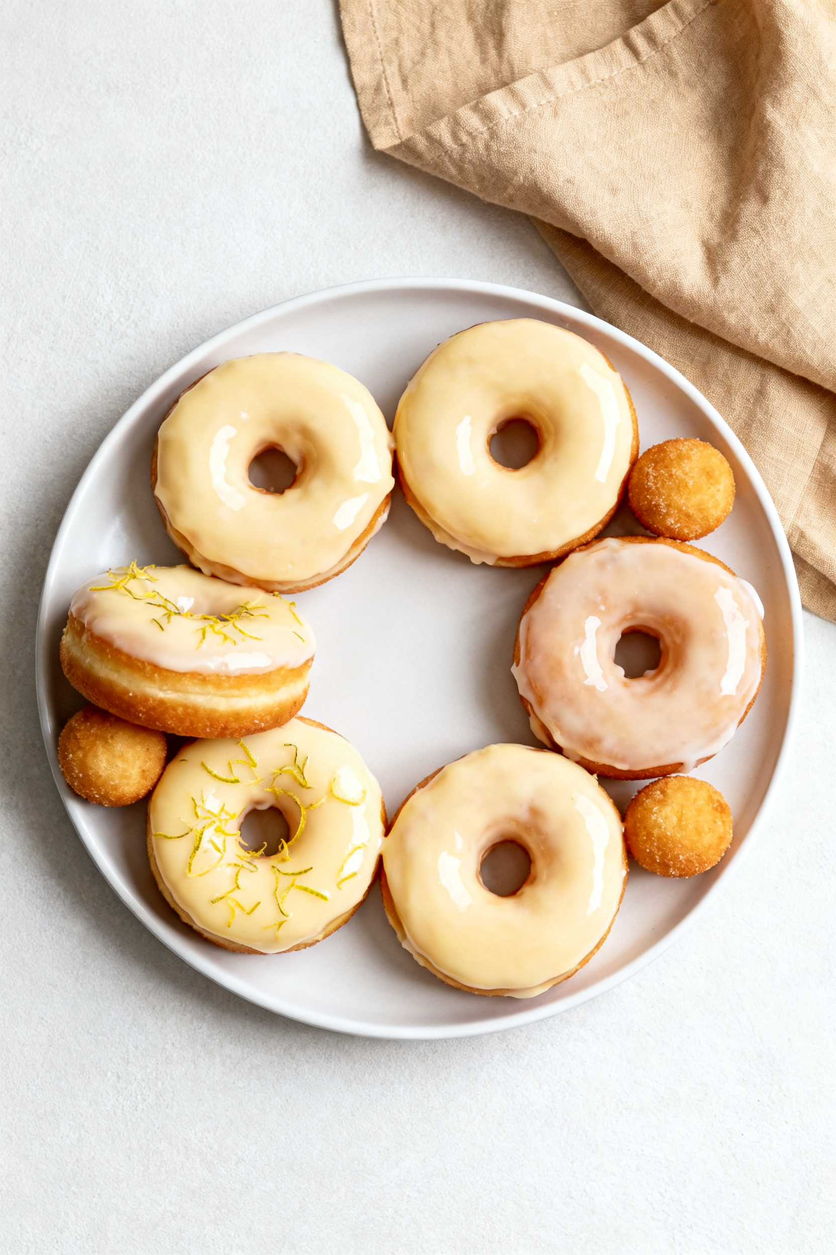 Tasty top view: Overhead shot of a final platter of air fryer glazed donuts arranged in a loose circ