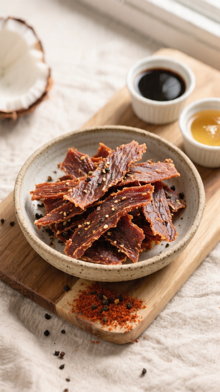 Tasty top view: Overhead shot of a finished serving of Air Fryer Ostrich Jerky piled in a rustic, sh