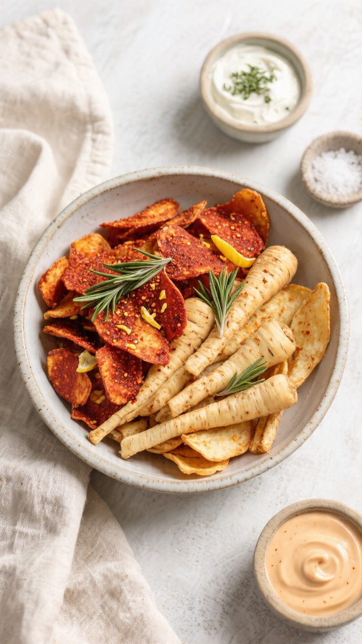 Tasty top view: Overhead shot of a heaping bowl of parsnip chips seasoned three ways—smoky paprika