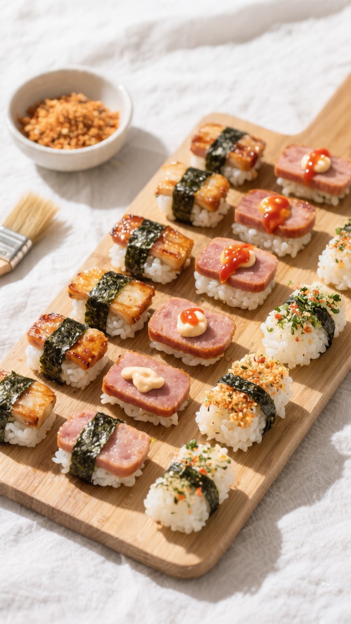 Tasty top view: Overhead shot of a party board featuring assorted Spam musubi bites—classic, spicy