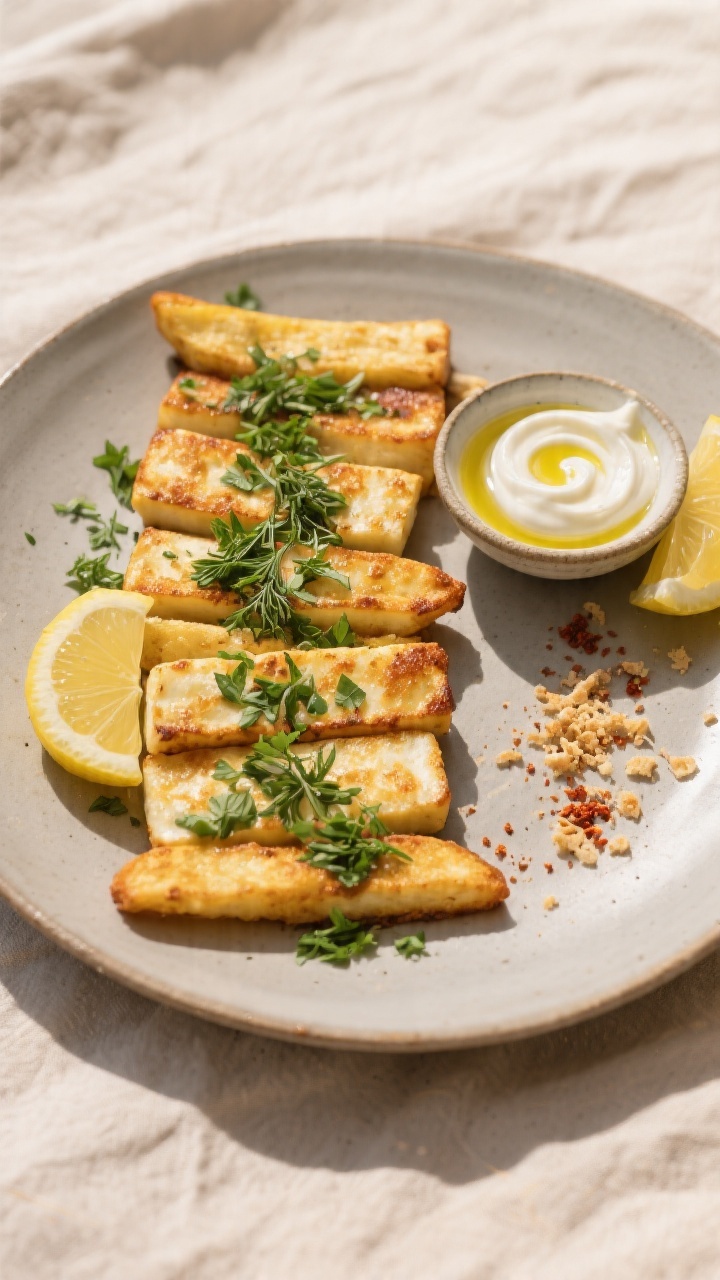 Tasty top view: Overhead shot of a platter of halloumi fries arranged in neat rows, sprinkled with c