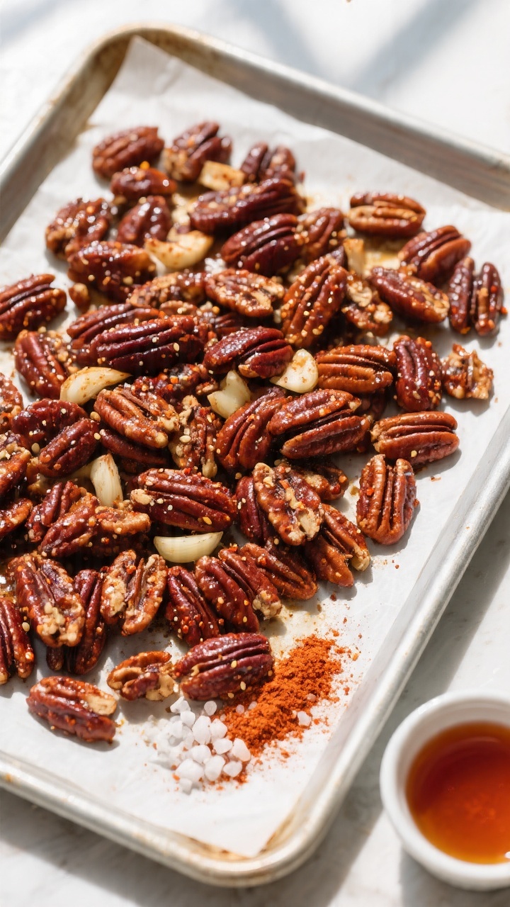 Tasty top view: Overhead shot of freshly cooked, fully cooled seasoned pecans spread on a parchment-