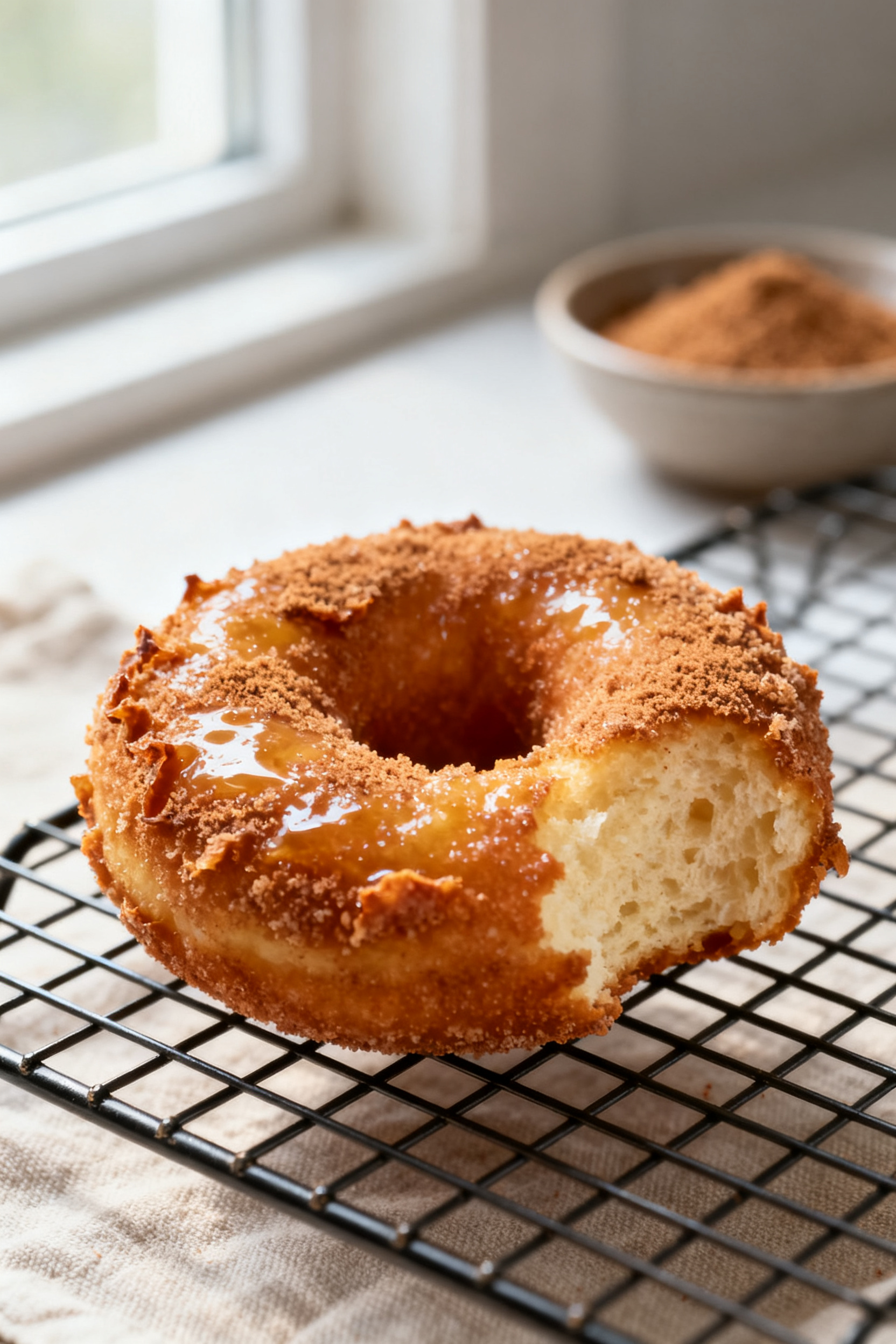 Close-up detail: A freshly air-fried cinnamon sugar donut held on a wire rack, still warm and gliste