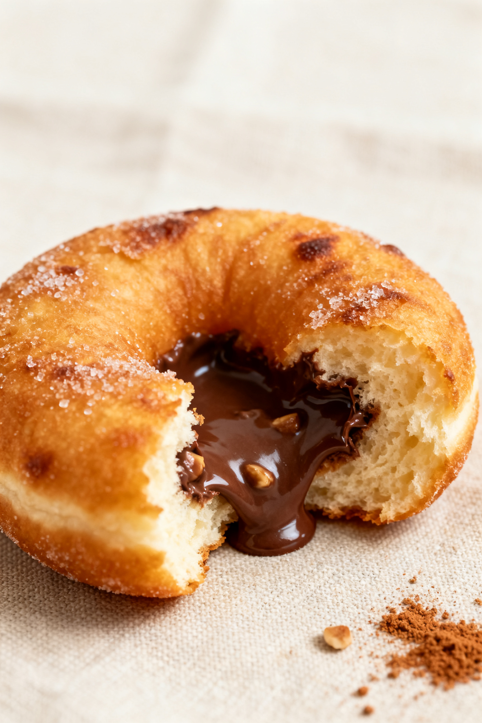 Close-up detail: A freshly air-fried Nutella-stuffed donut torn open to reveal a gooey, molten choco
