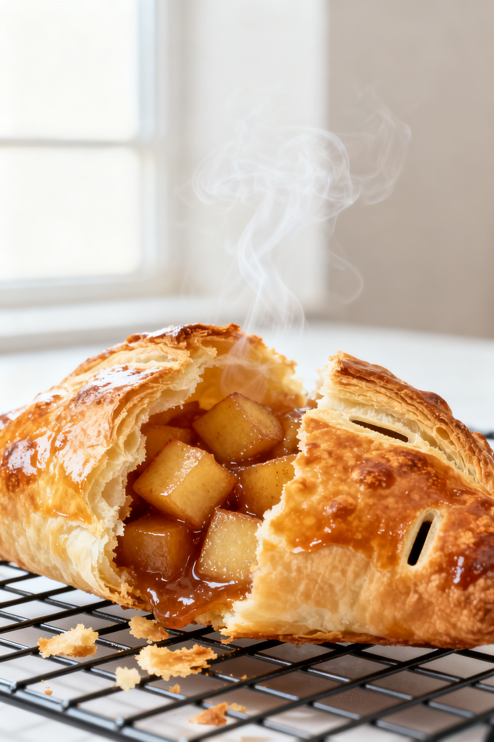 Close-up detail: A just-air-fried apple turnover torn open to reveal glossy, cinnamon-spiced apple f