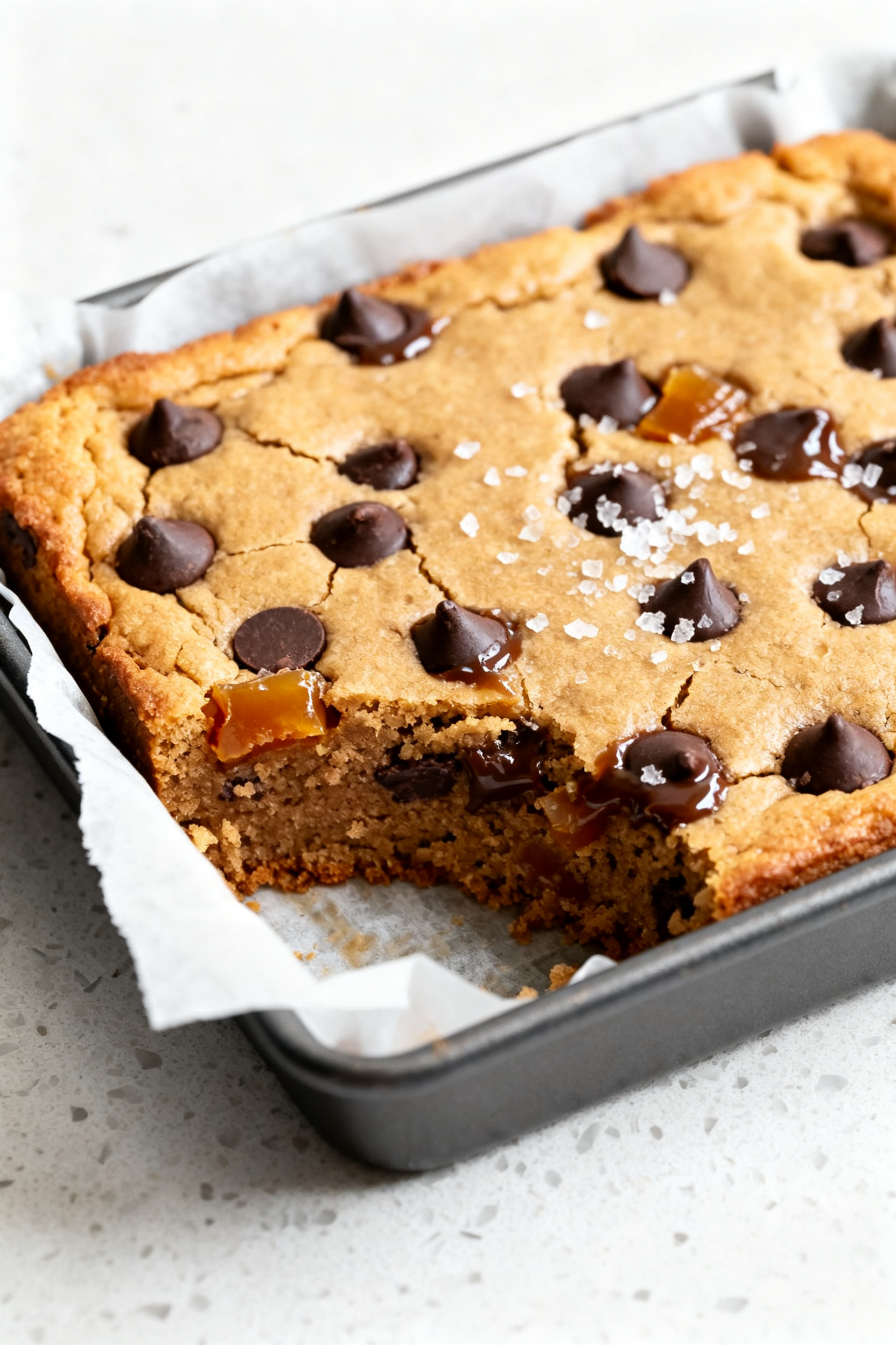 Close-up detail: A just-baked slab of air fryer blondie bars still in a small parchment-lined pan, e