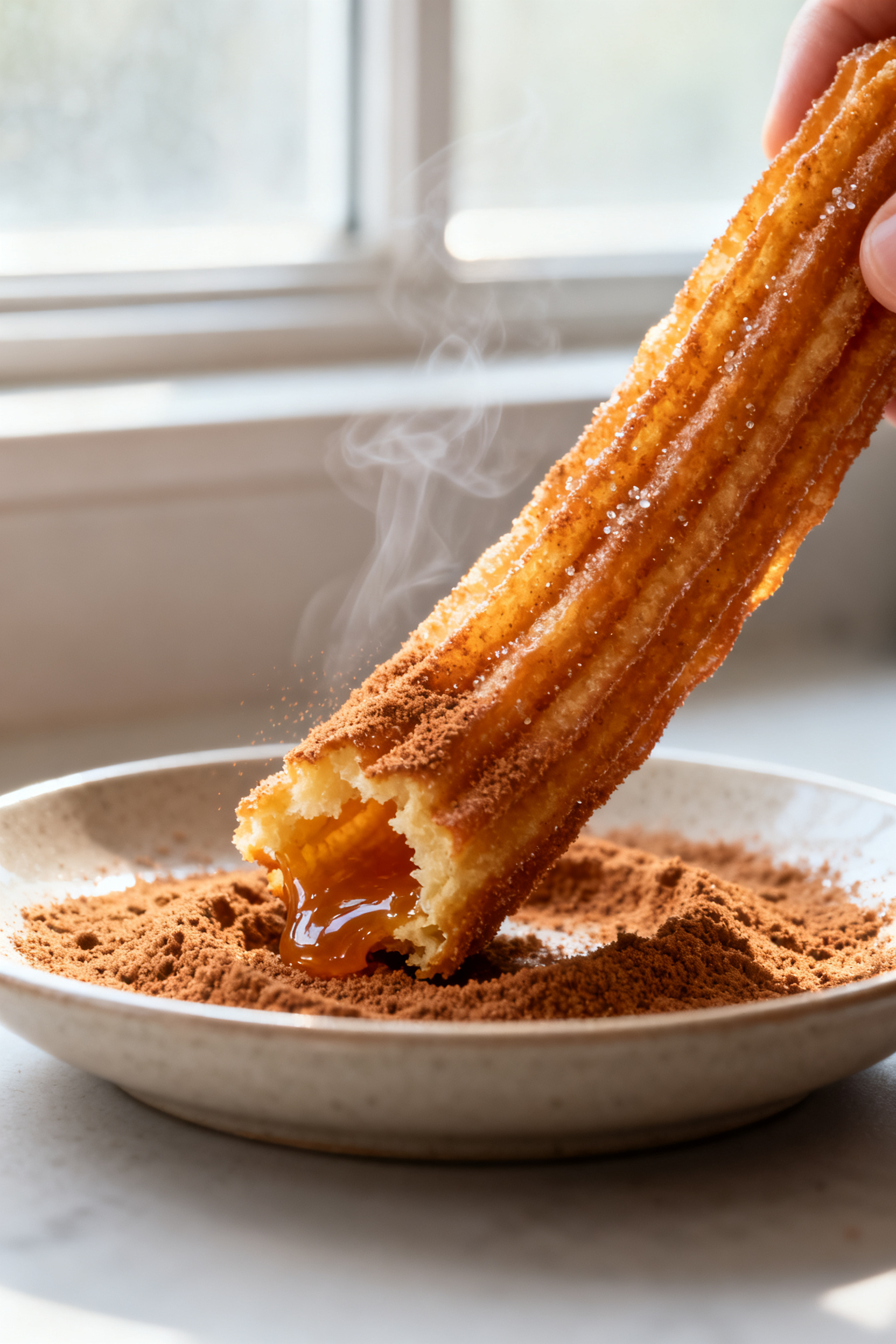 Close-up detail: A just-cooked air fryer churro being rolled in warm cinnamon sugar, golden ridges c