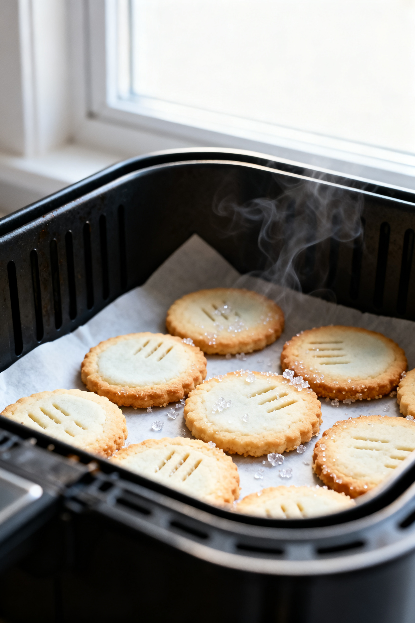 Close-up detail: A just-cooked batch of air fryer shortbread cookies resting on parchment inside the