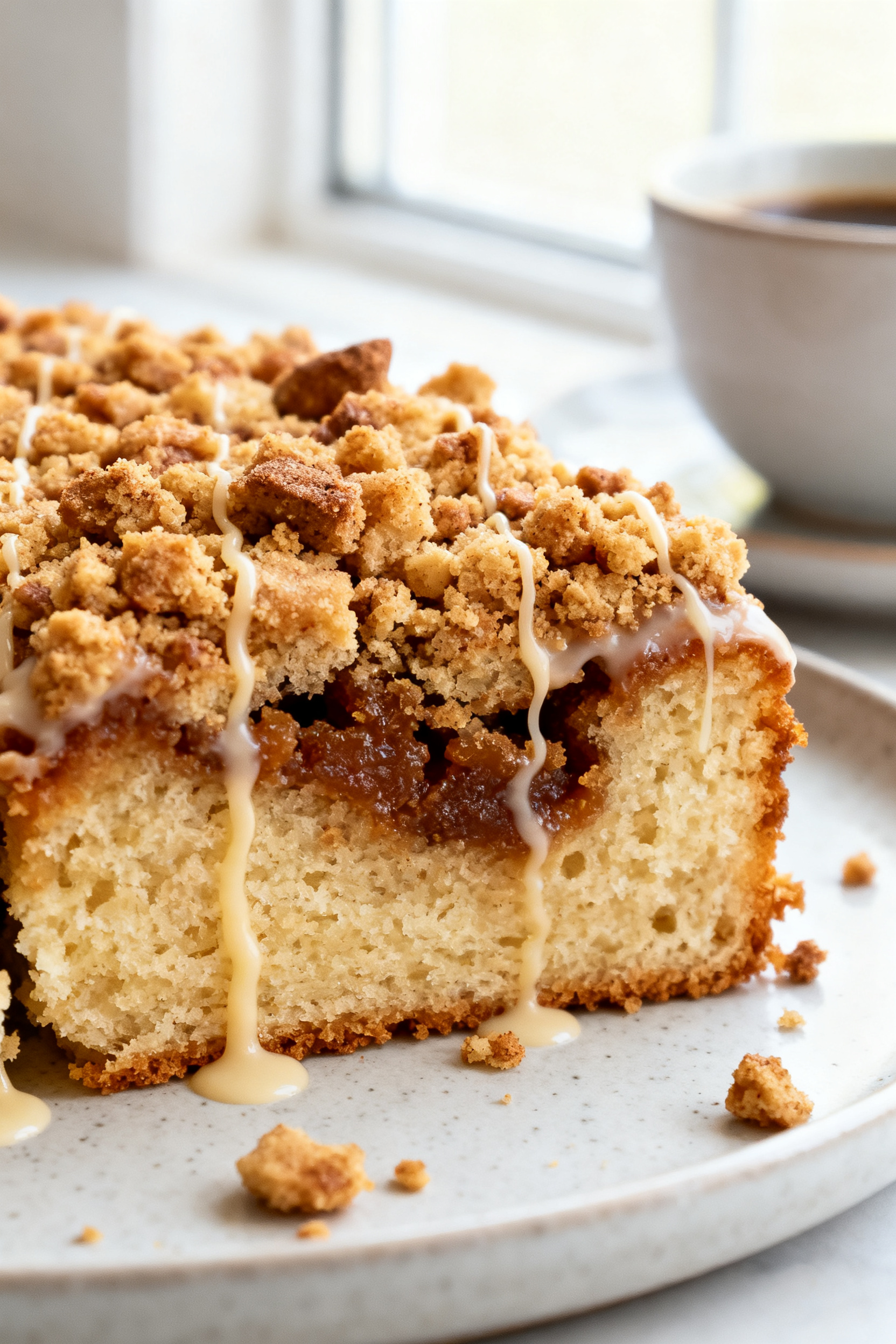 Close-up detail: A slice of air fryer coffee cake with cinnamon-studded streusel topping, ultra-shar