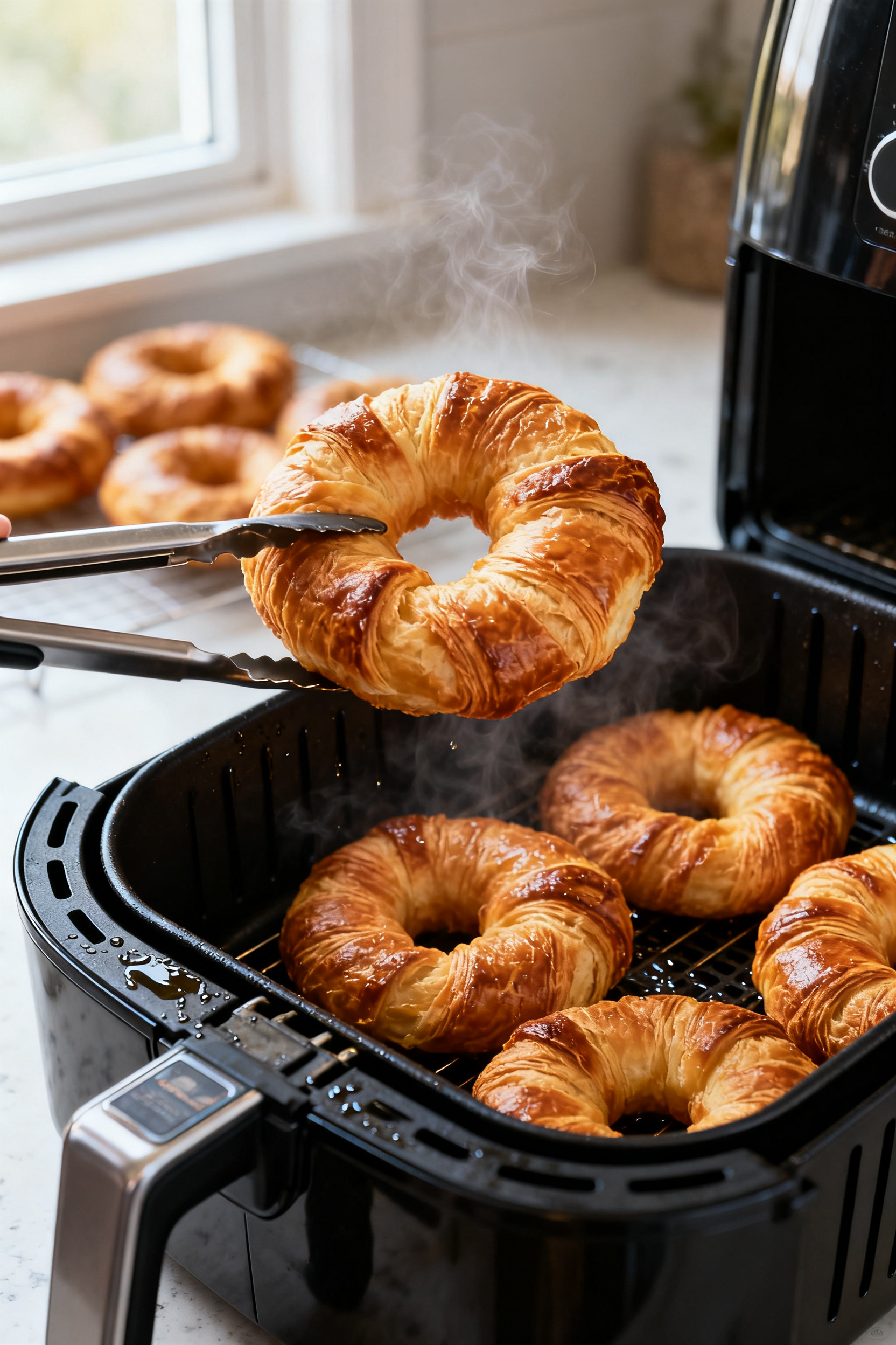 Close-up detail: Air-fried croissant donuts just out of the basket, deeply golden and puffed with vi