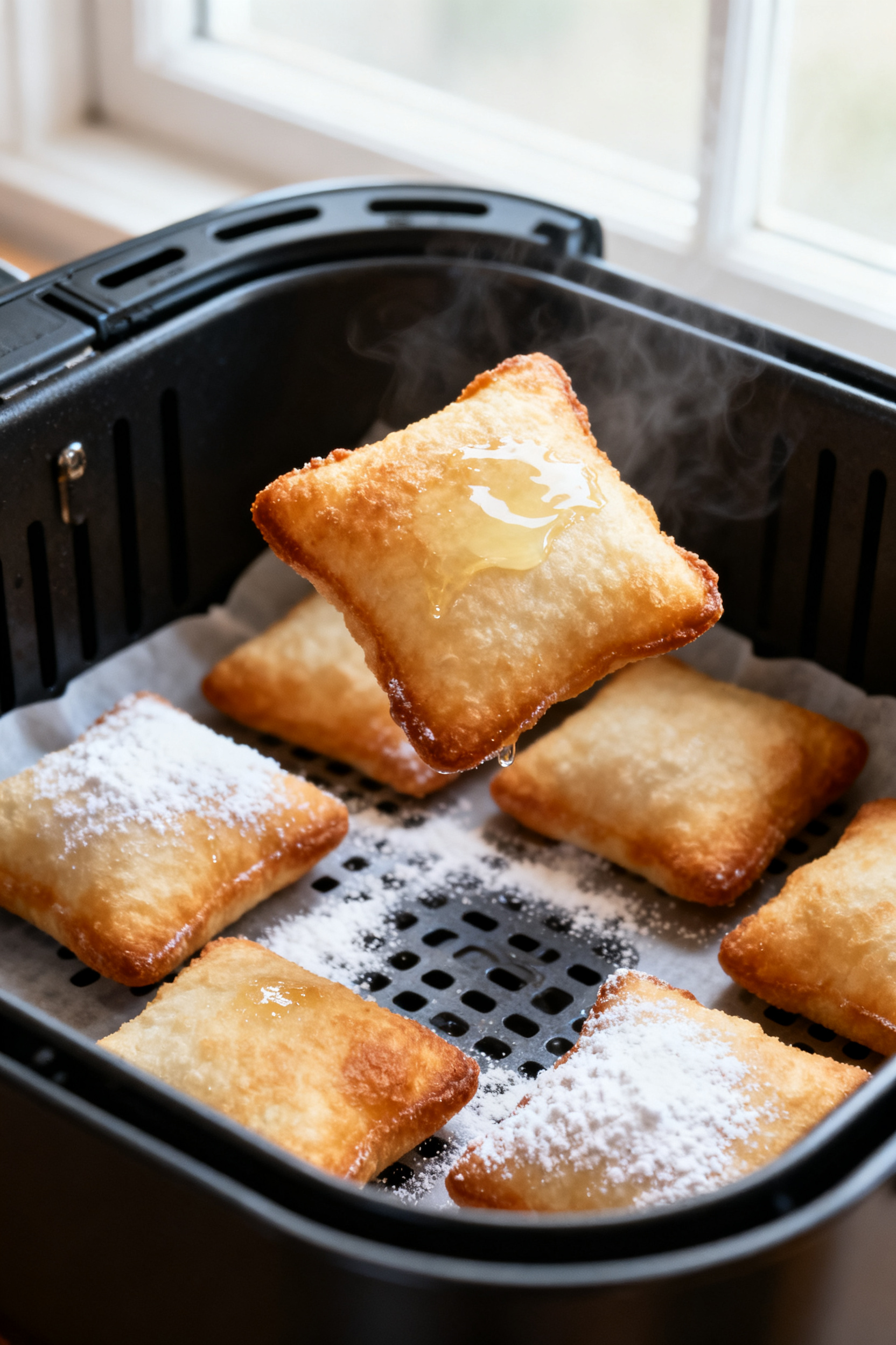 Close-up detail: Air fryer beignets just out of the basket mid-batch, golden and puffed with crisp-e