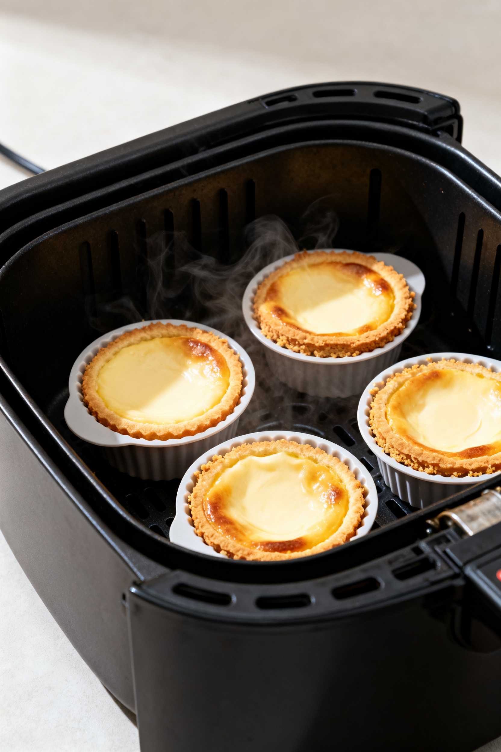 Close-up detail: Air fryer cheesecake bites just finished cooking in silicone muffin molds inside an
