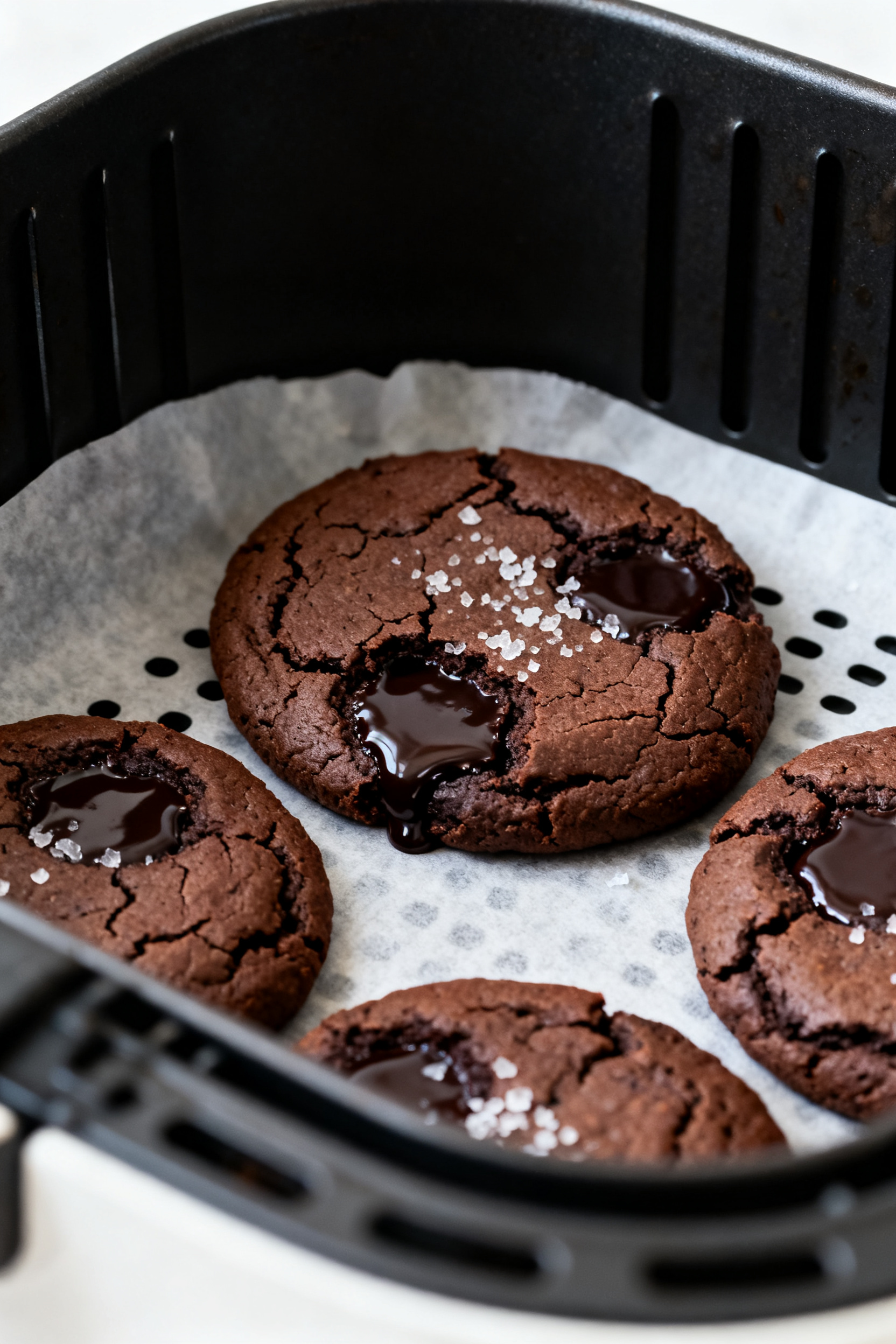 Close-up detail: Air fryer double chocolate cookies just finished baking in a lined air fryer basket