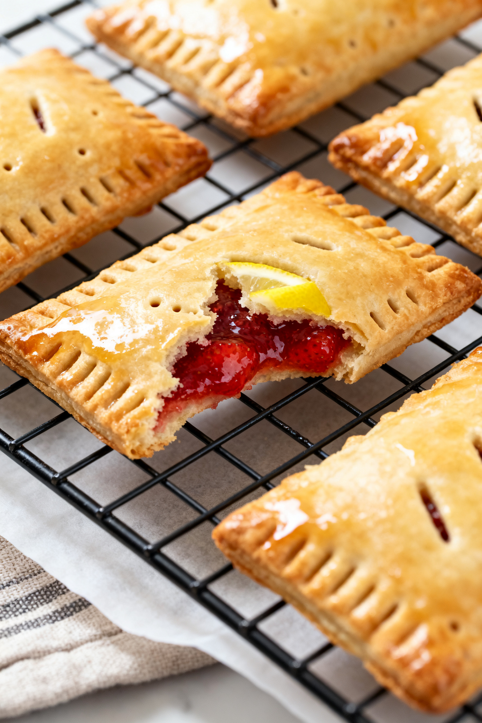 Close-up detail: Freshly air-fried strawberry pop-tarts resting on a cooling rack, golden and crisp