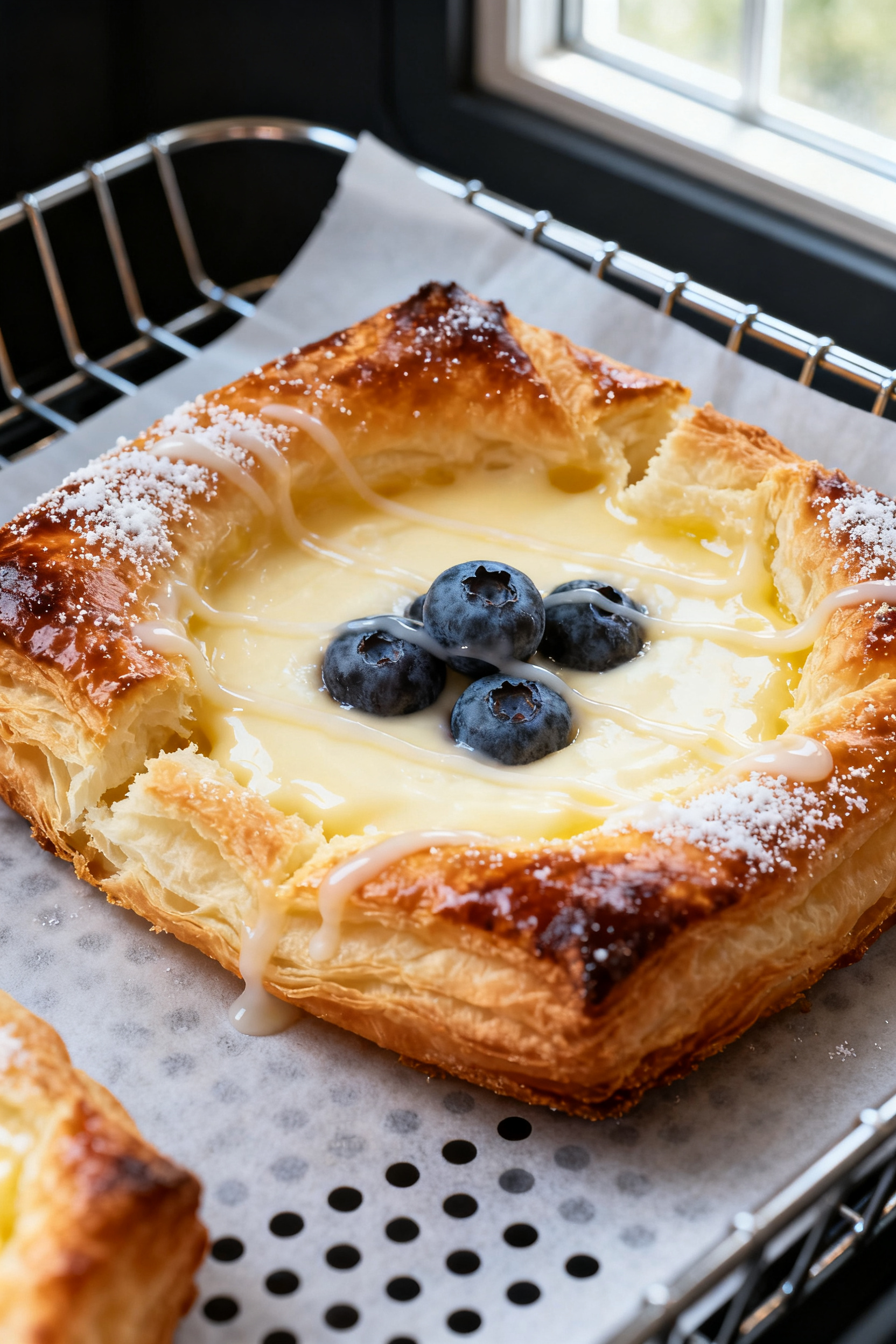 Close-up detail: Golden, air-fried cream cheese danish just out of the basket, edges deeply carameli