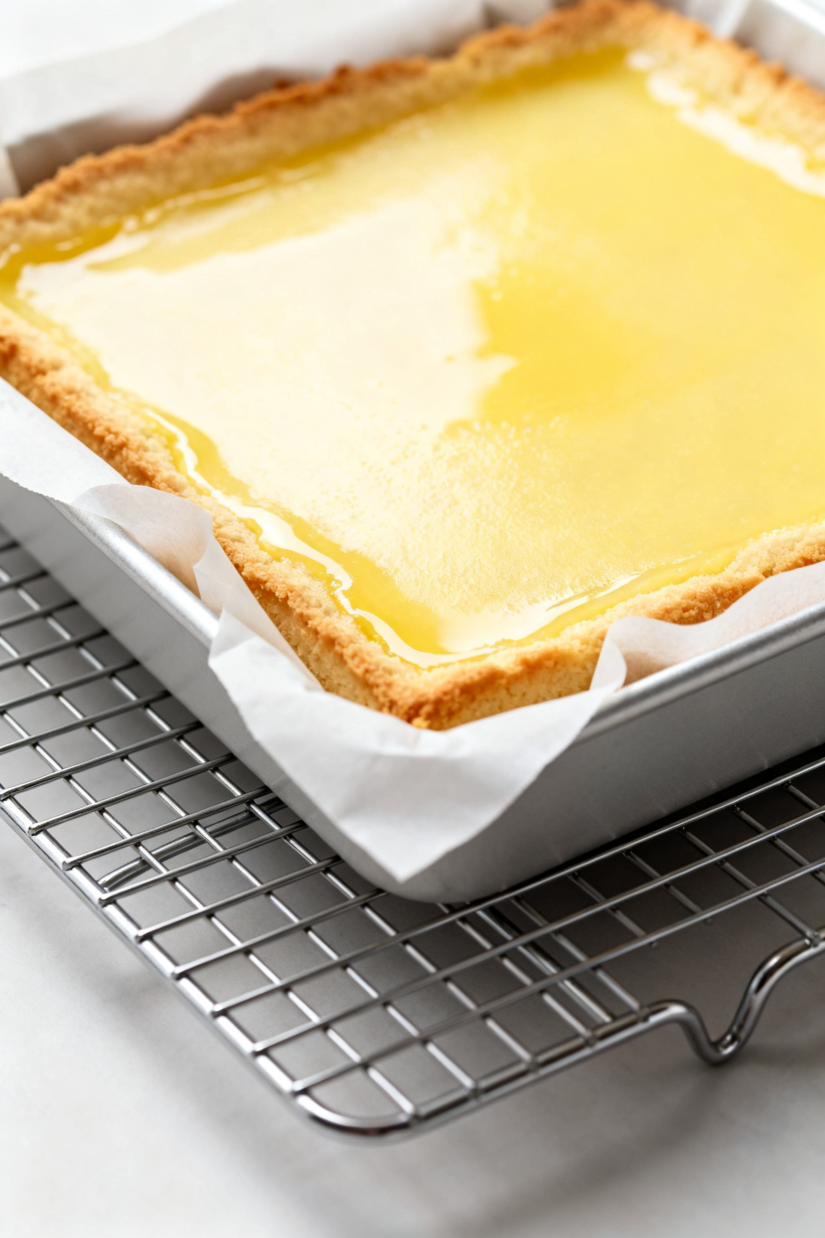 Close-up detail of freshly baked air fryer lemon bars cooling in an 8x8 light-colored metal pan line