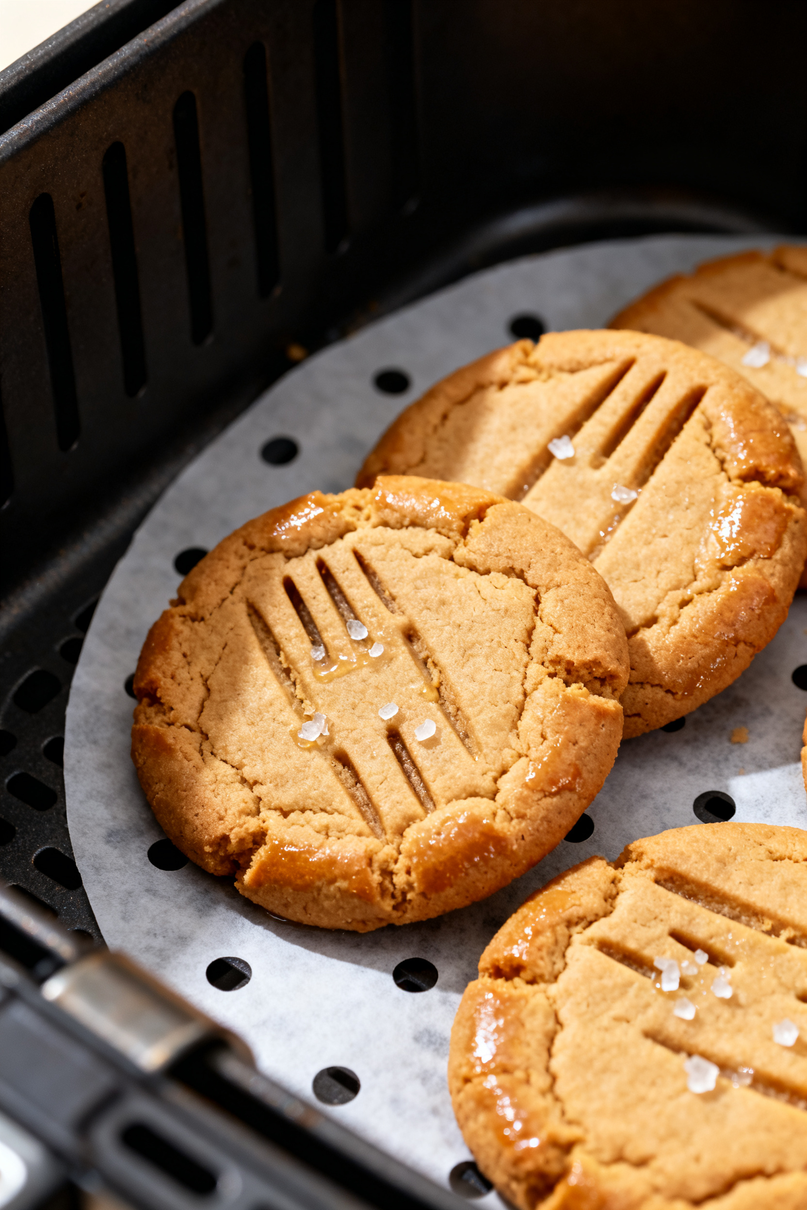 Close-up detail shot: freshly air-fried peanut butter cookies resting in the air fryer basket on per