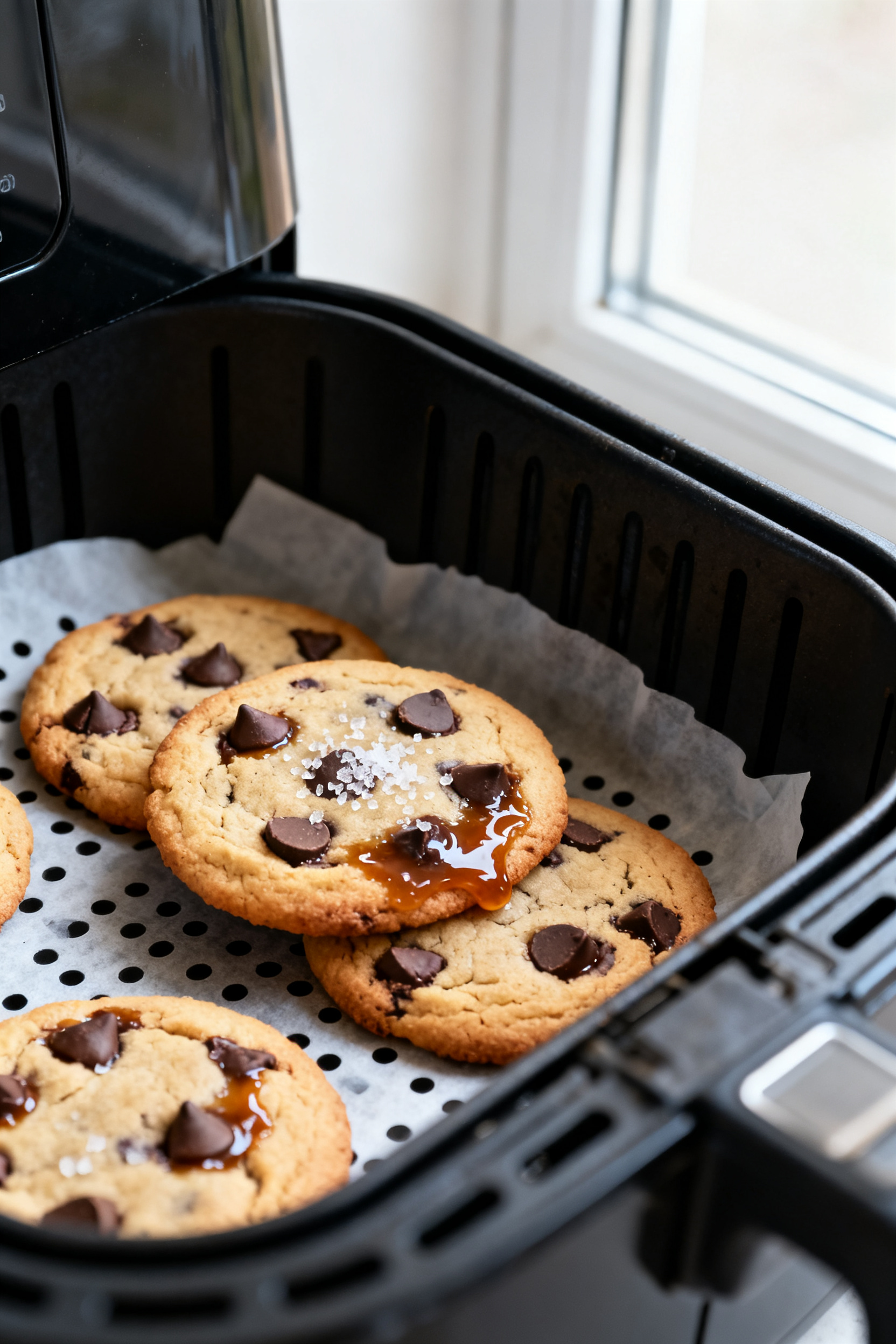 Close-up detail shot of freshly air-fried chocolate chip cookies resting in the air fryer basket on