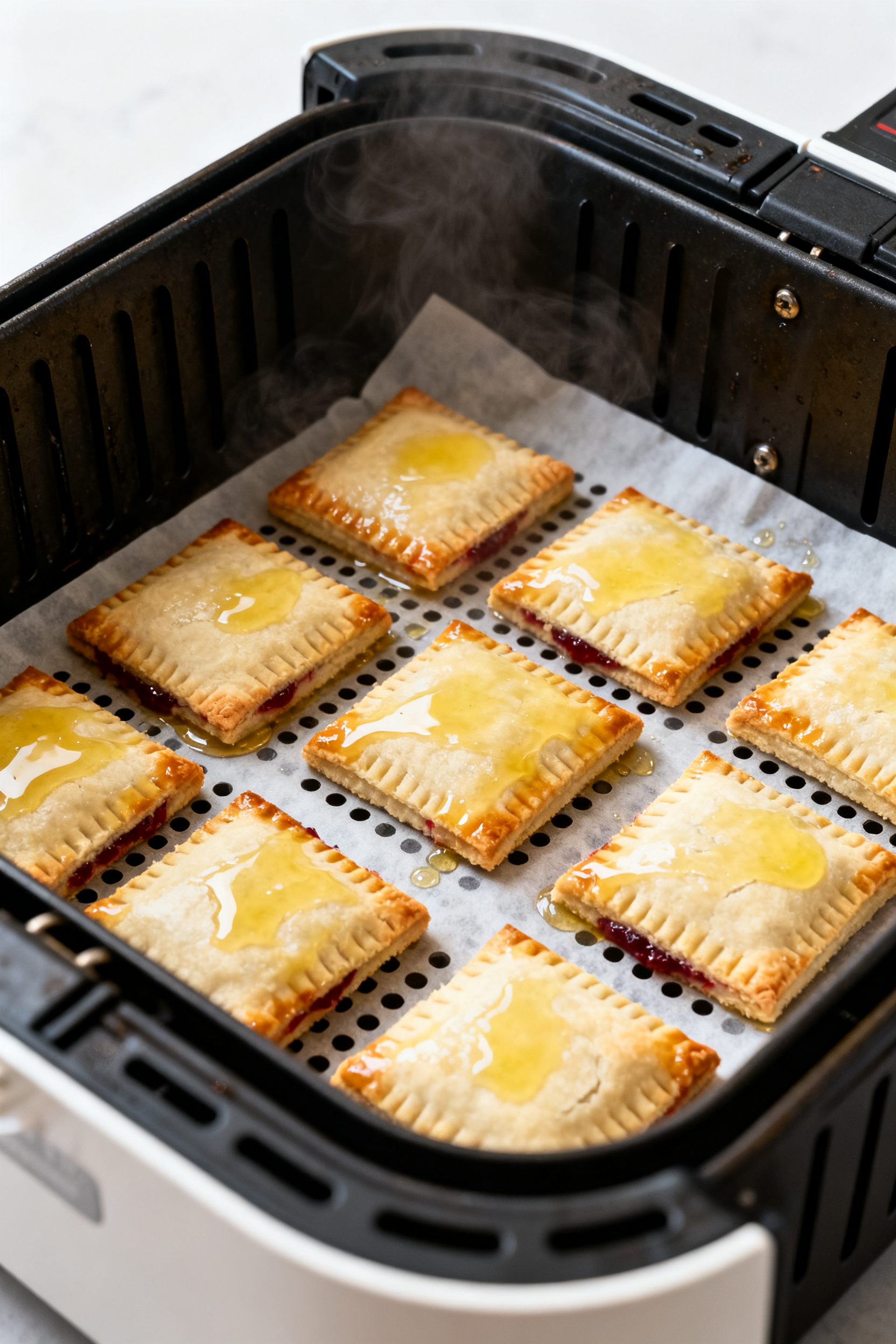 Cooking process: Assembled, chilled pop-tarts brushed with egg wash inside an open air fryer basket