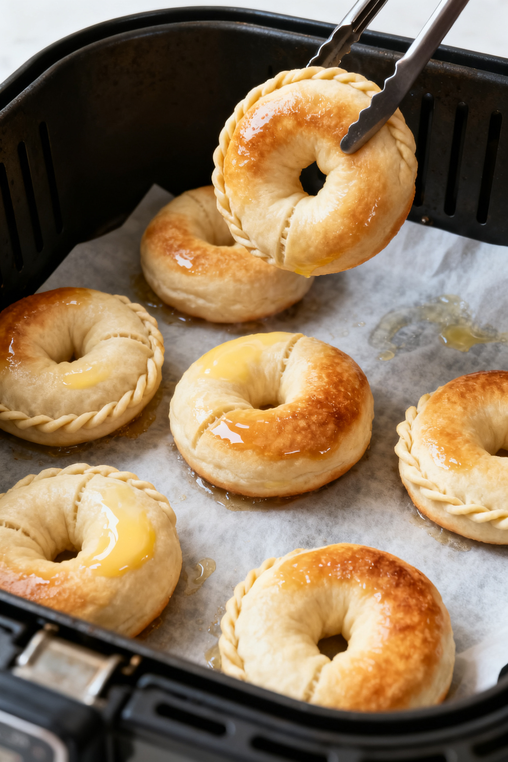 Cooking process: Donuts in an air fryer basket mid-cook at 350°F, evenly spaced and not touching, p