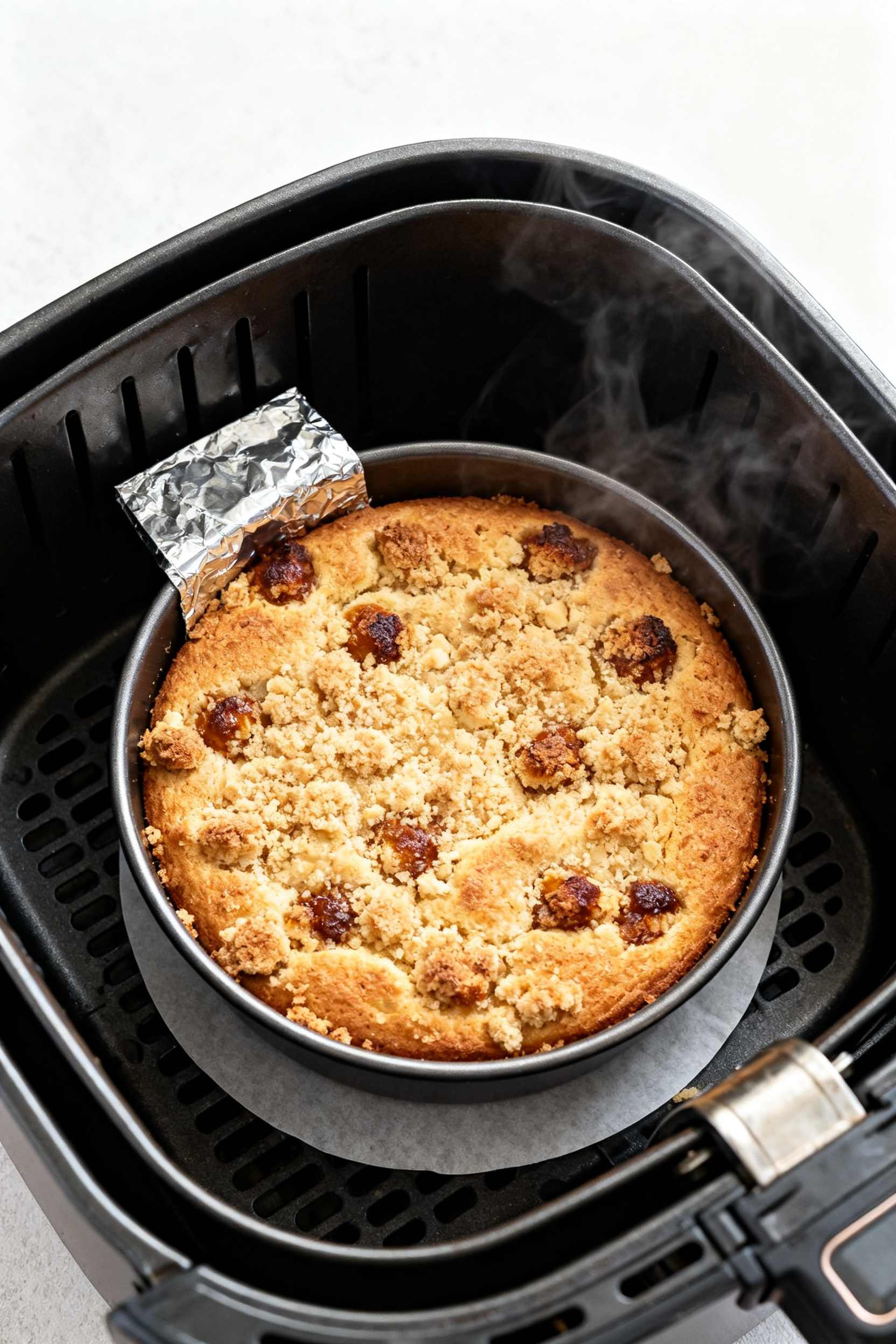 Cooking process: Overhead shot of a 6–7 inch round pan inside an open air fryer basket, cake fully