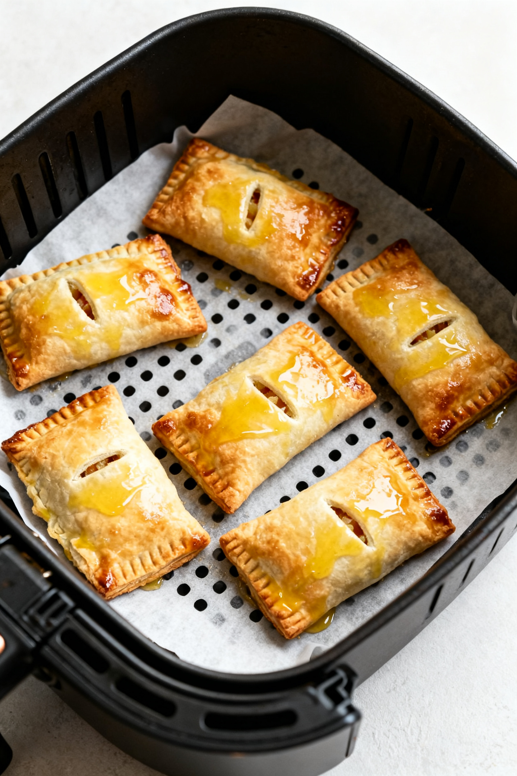 Cooking process: Overhead shot of apple turnovers arranged in a single layer inside an air fryer bas