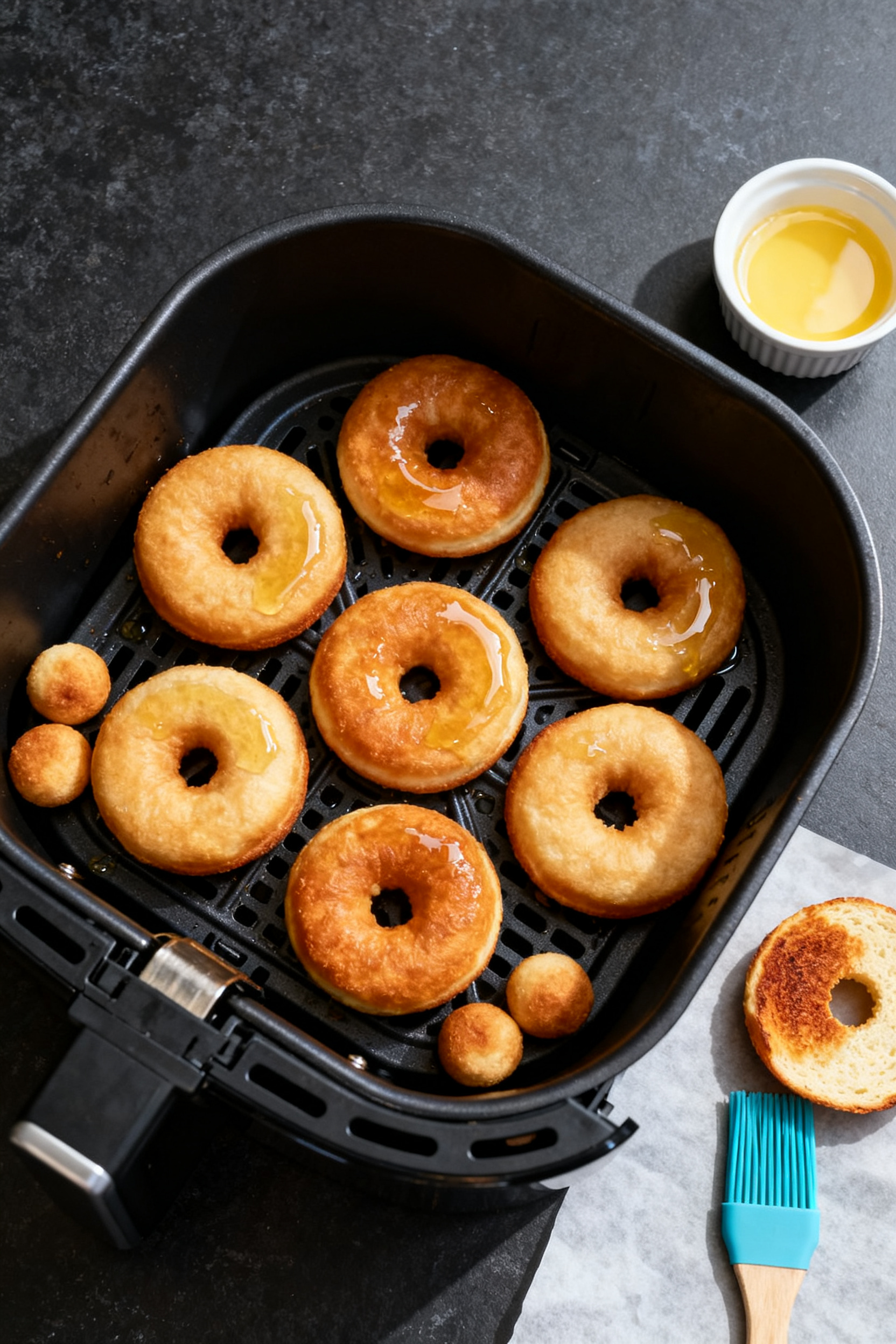 Cooking process: Overhead shot of donuts mid-air-fryer batch at 350°F, arranged in a single layer i