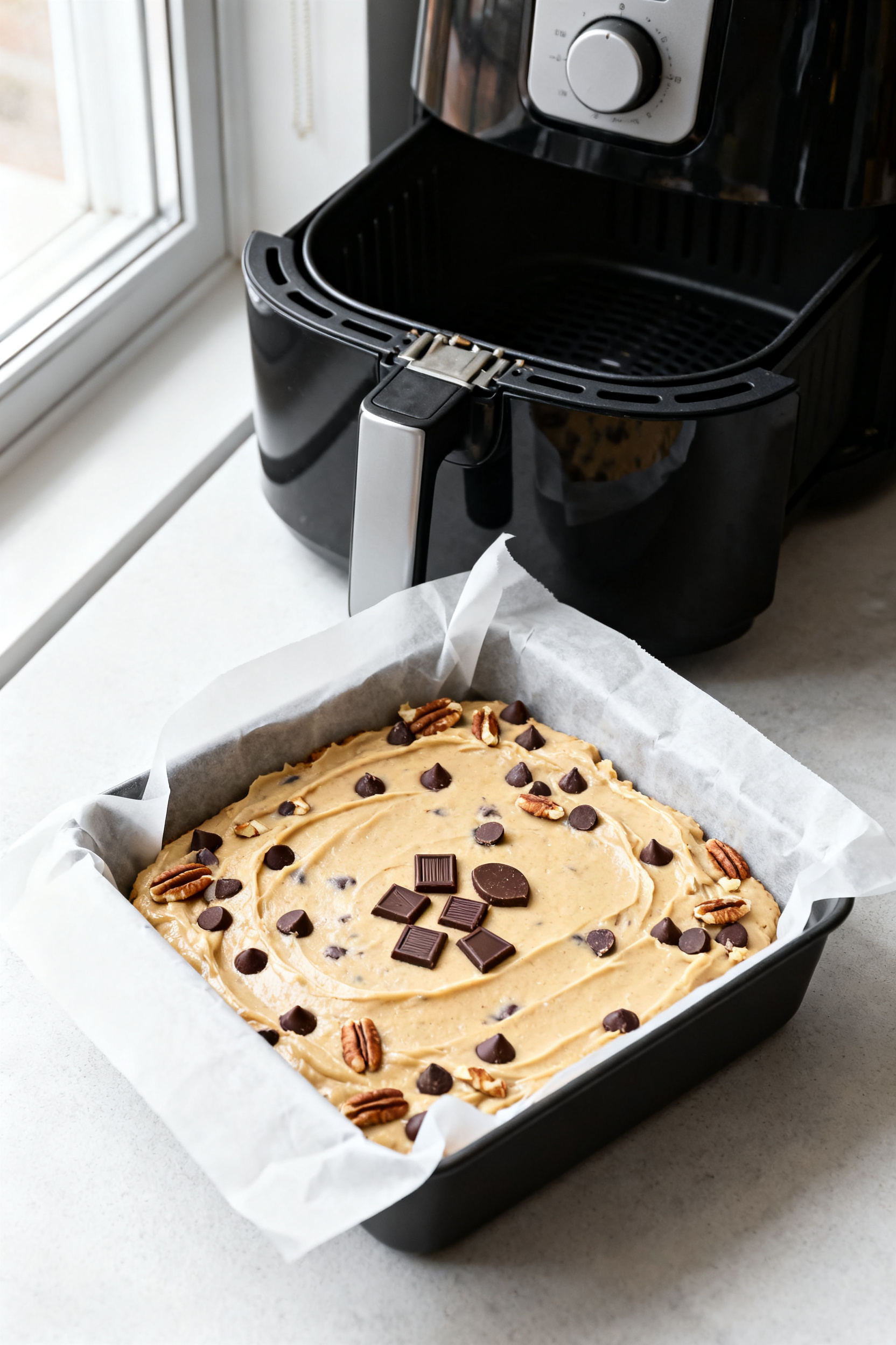 Cooking process: Overhead shot of the blondie batter being smoothed evenly into a 7-inch square pan