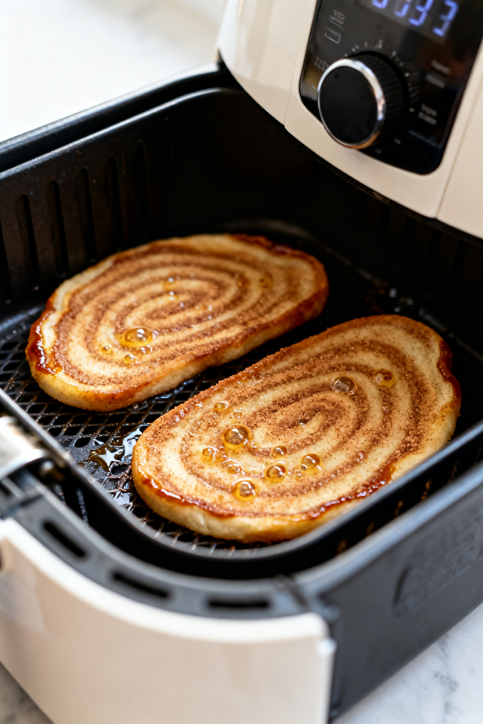Cooking process shot: two elephant ears mid-cook in an open air fryer basket, flipped halfway, showi
