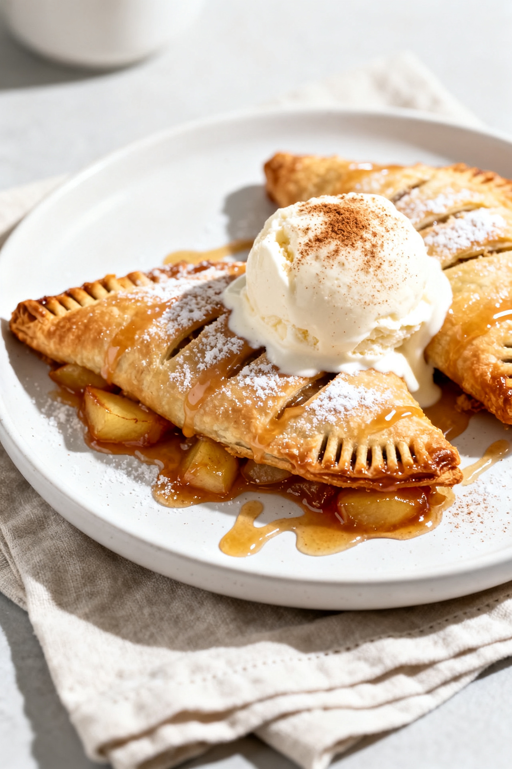 Final dish presentation: Beautifully plated air fryer apple turnovers drizzled with glossy powdered