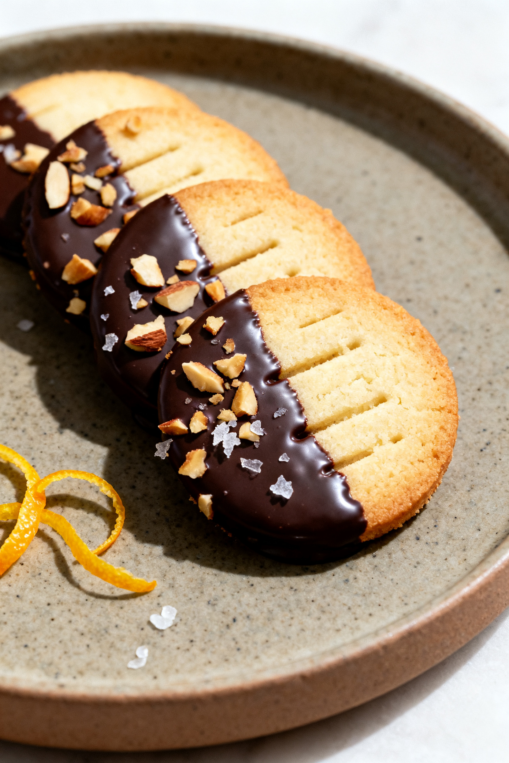 Final dish presentation: Beautifully plated chocolate-dipped shortbread rounds on a matte stoneware