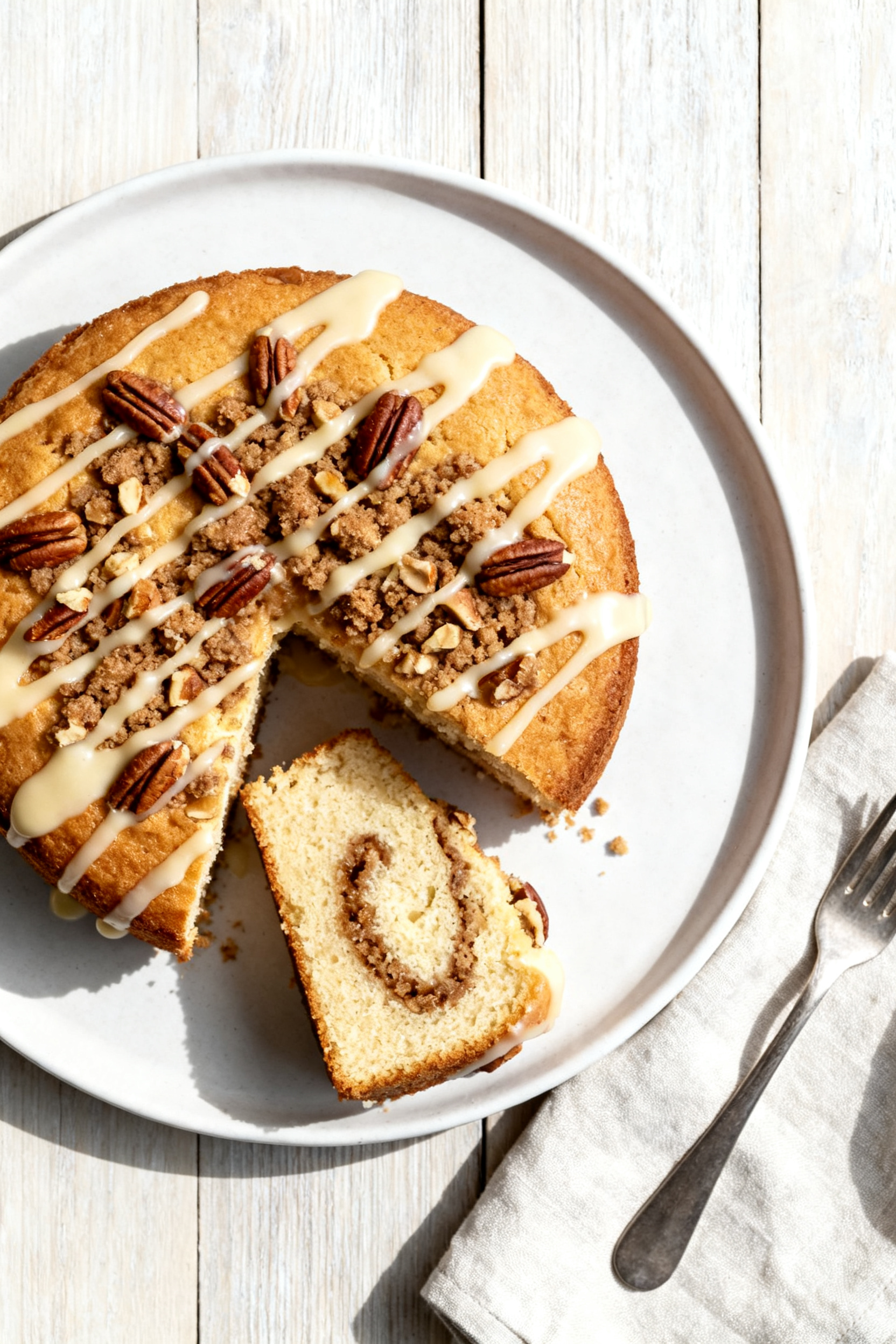 Final dish presentation: Beautifully plated small-batch coffee cake on a matte white round plate, wh
