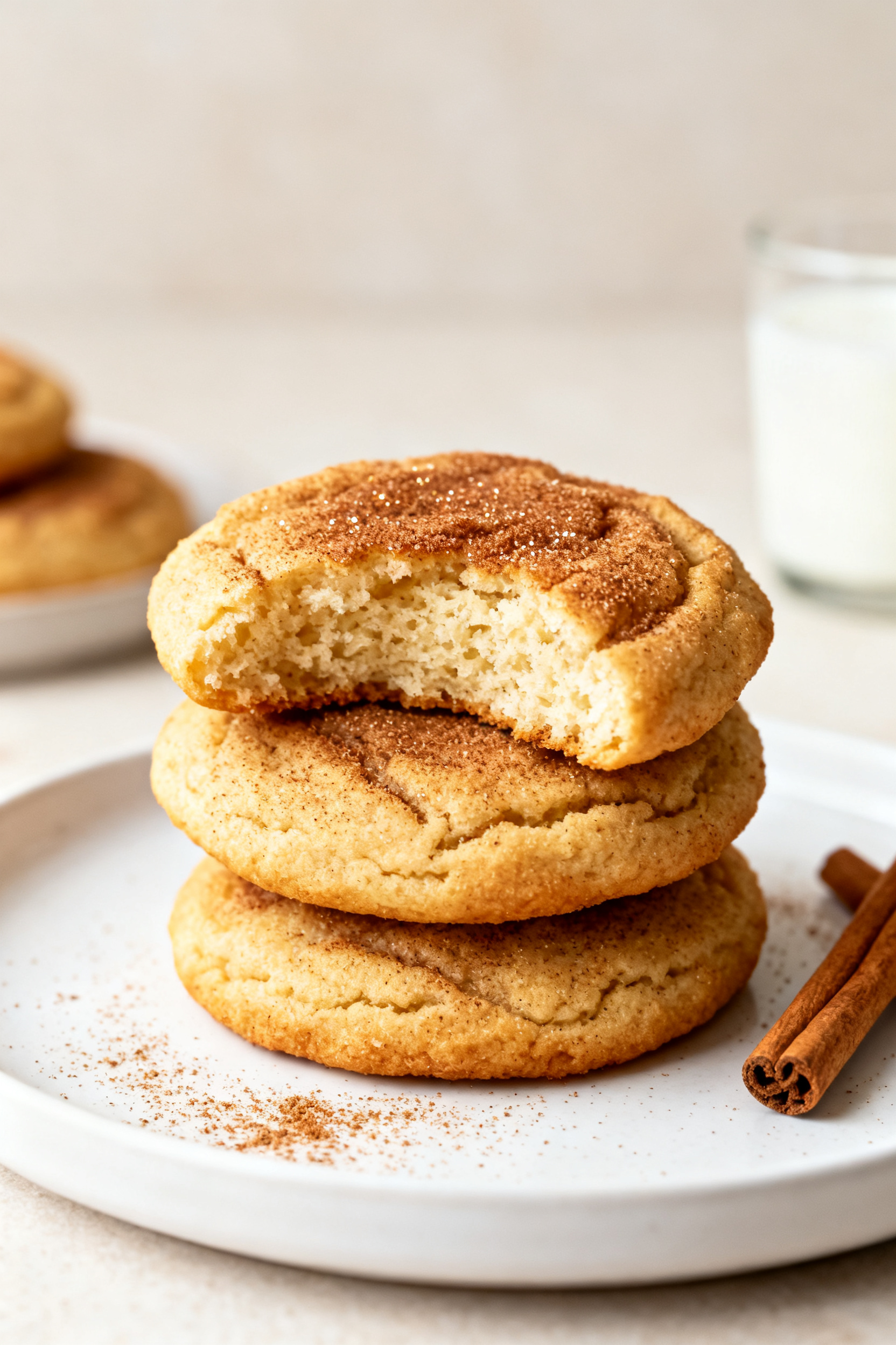 Final dish presentation: Beautifully plated stack of soft air fryer snickerdoodles on a simple white