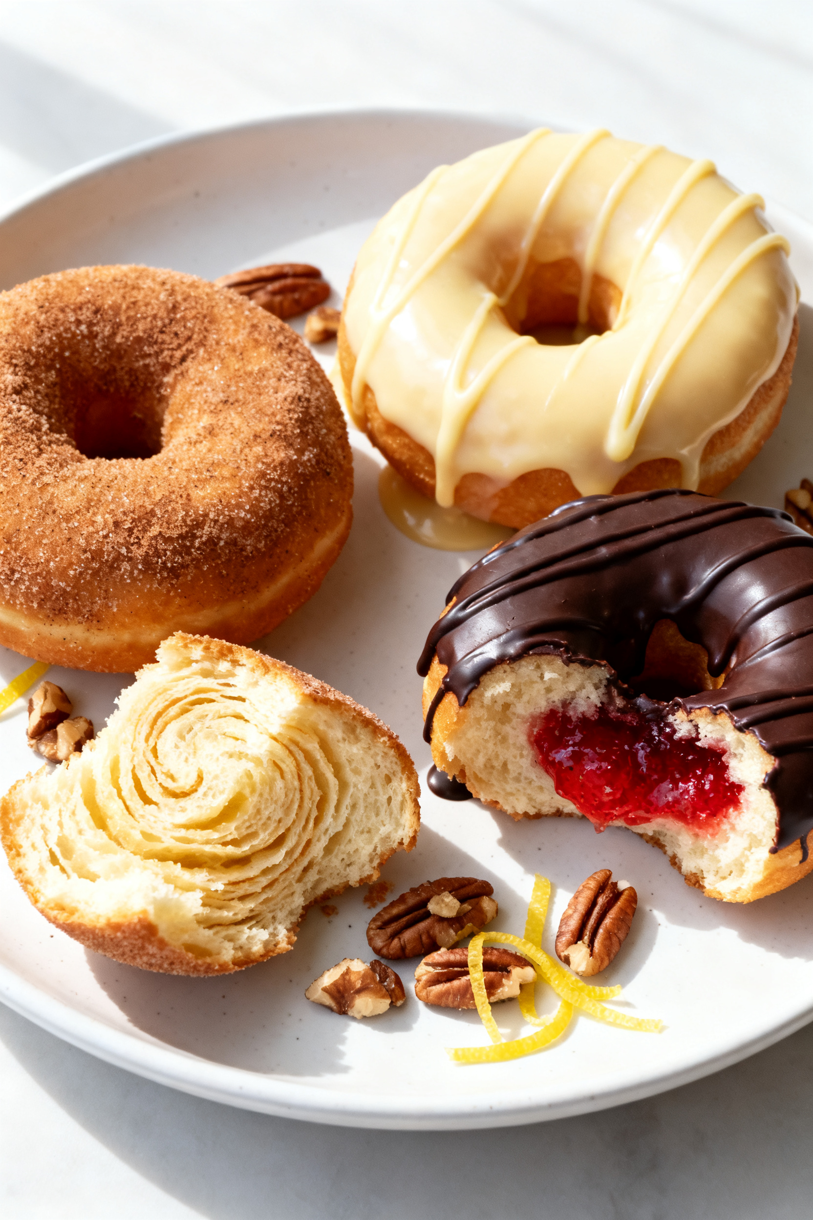 Final dish presentation: Beautifully plated trio of cronutsâone coated in cinnamon sugar, one dipp