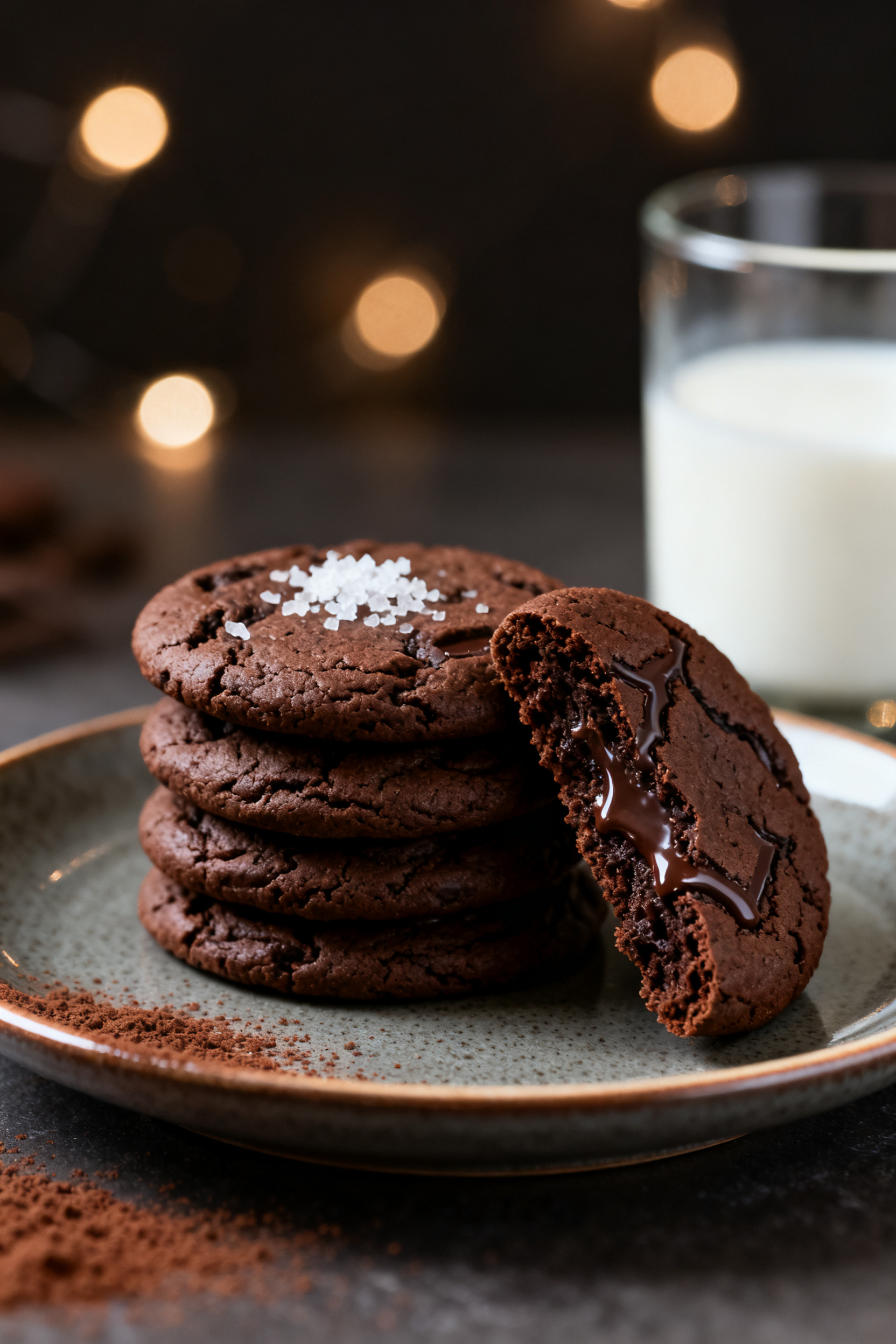 Final dish presentation: Restaurant-quality plate of stacked air fryer double chocolate cookies on a