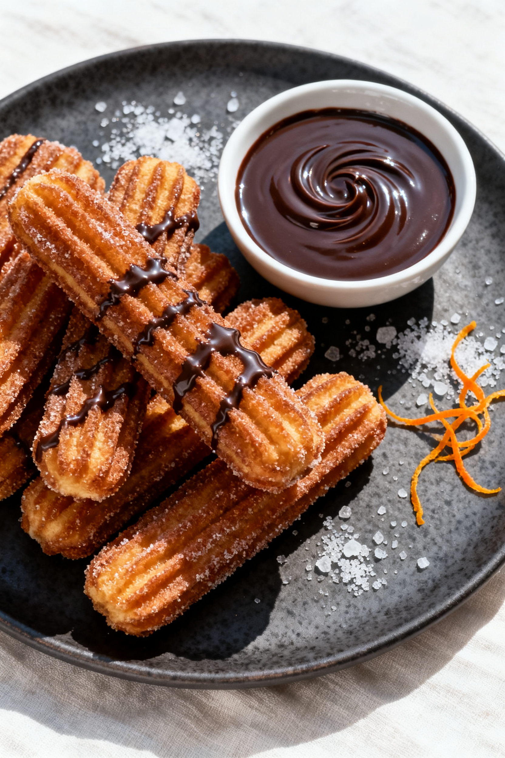 Final dish presentation: Restaurant-quality plate of cinnamon-sugar–coated churros arranged in a n