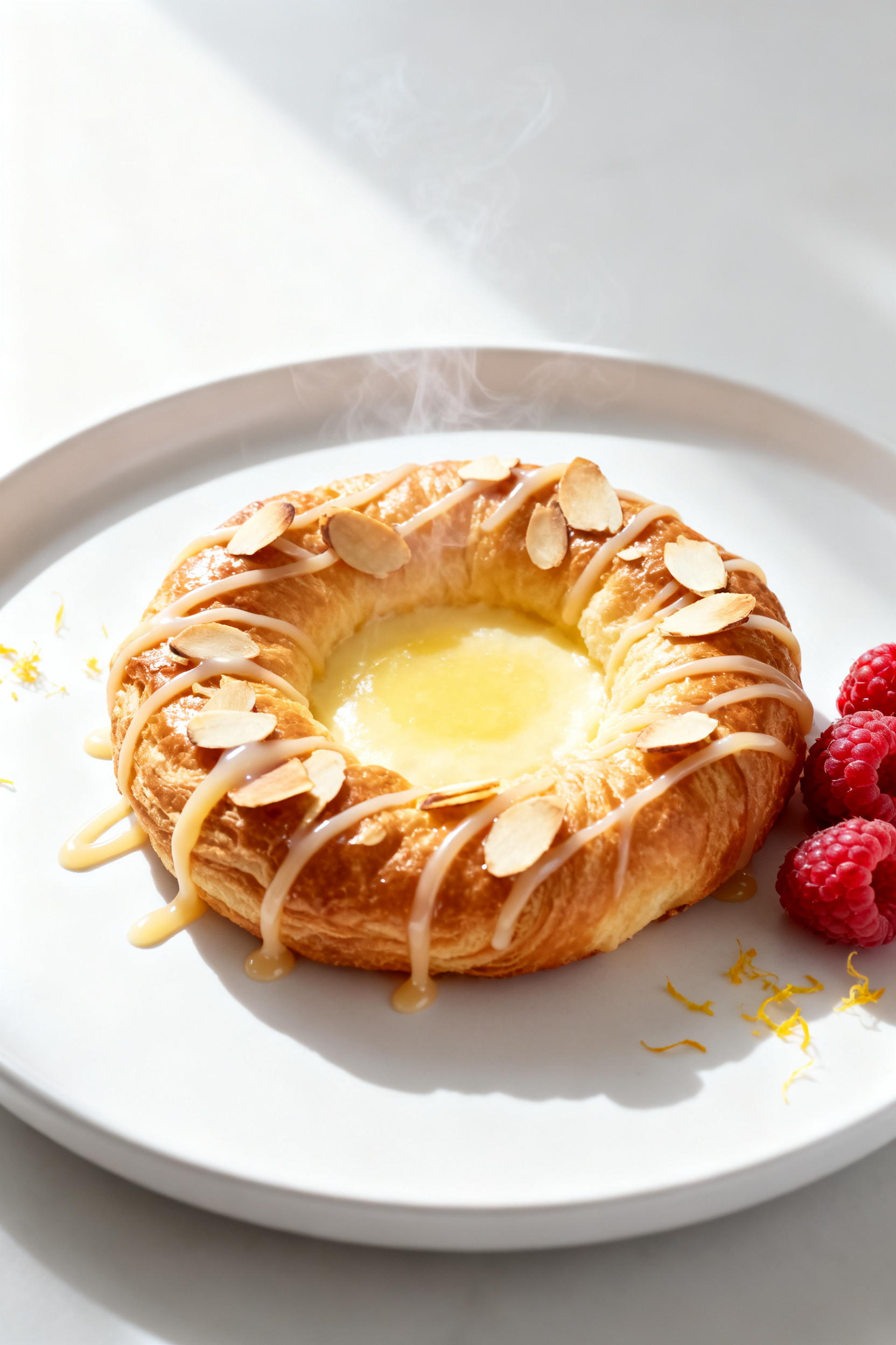 Final plated dish: Restaurant-quality presentation of a Maple Vanilla variation danish on a matte wh
