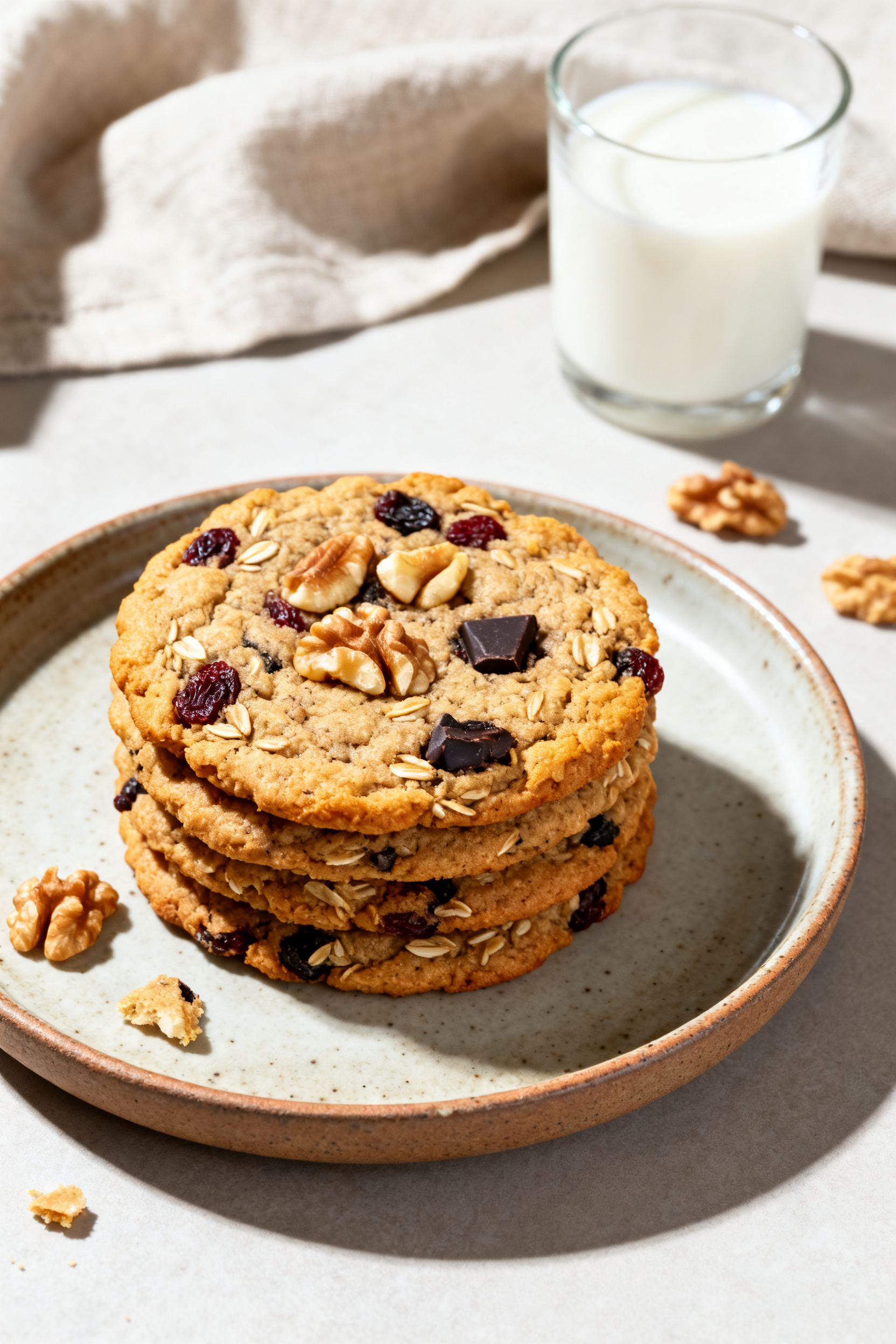Final plated presentation: a rustic ceramic plate stacked with chewy oatmeal raisin cookies featurin