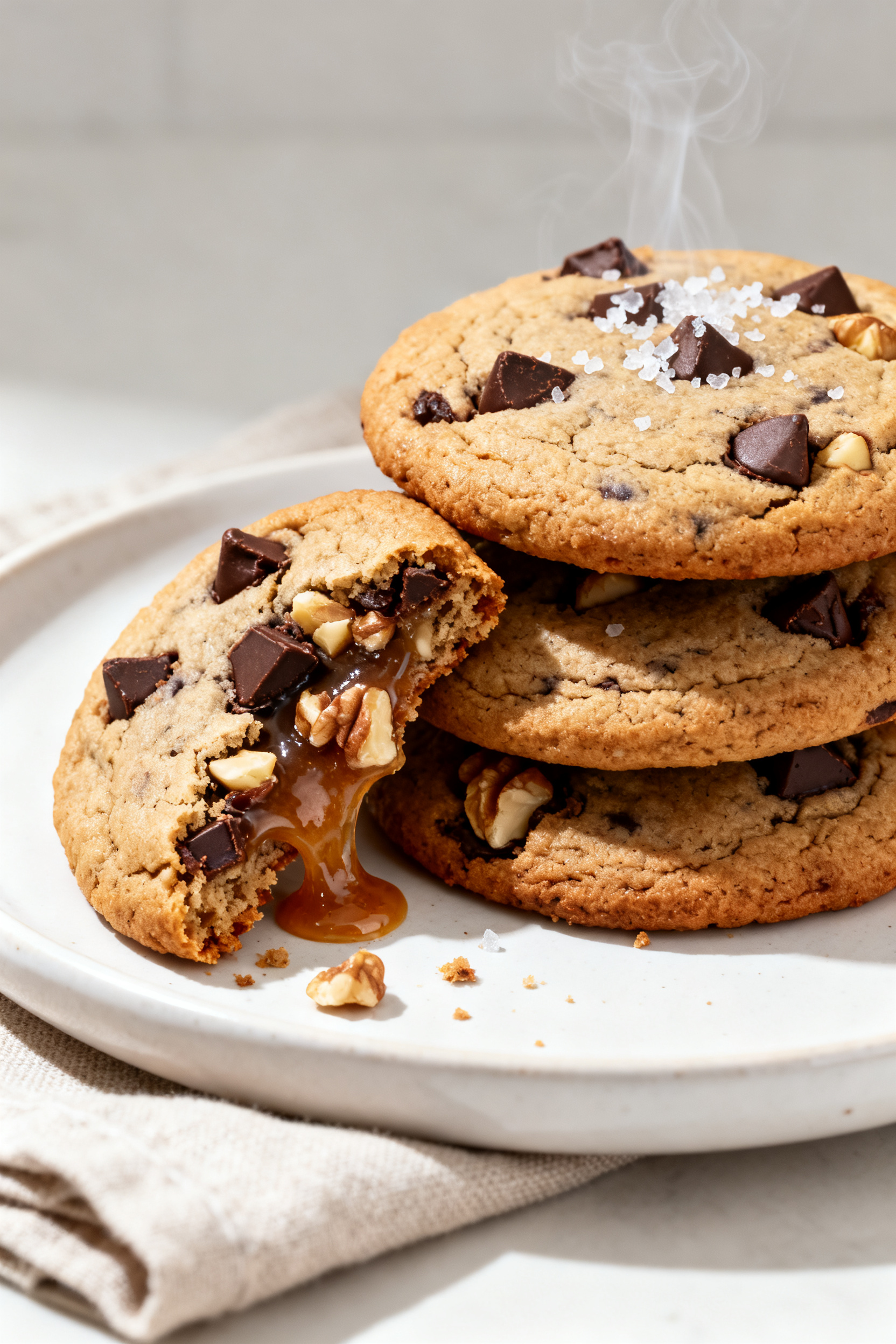 Final plated presentation: bakery-style stack of three air fryer chocolate chip cookies on a simple