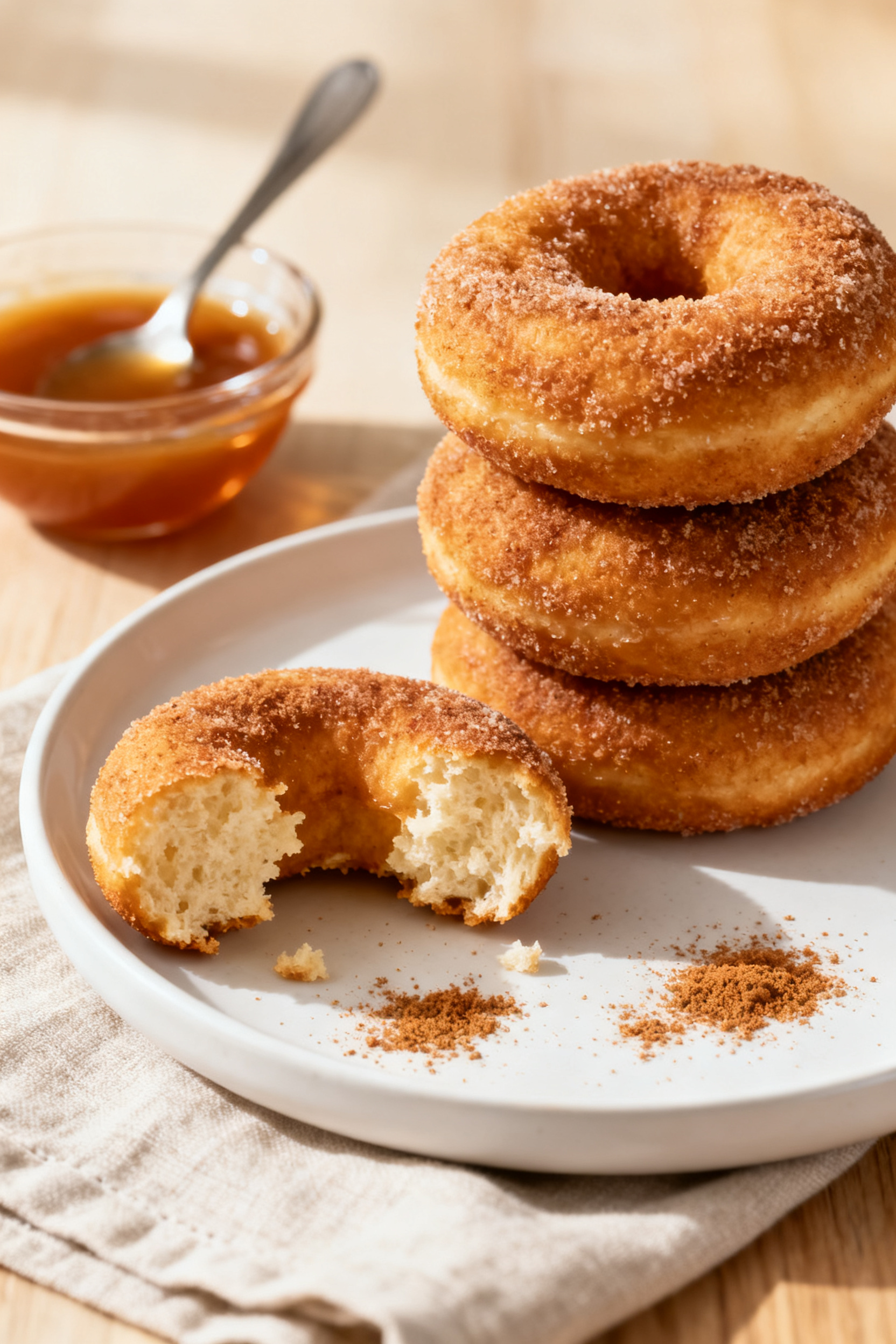 Final plated presentation: Beautifully plated stack of Air Fryer Cinnamon Sugar Donuts on a matte wh