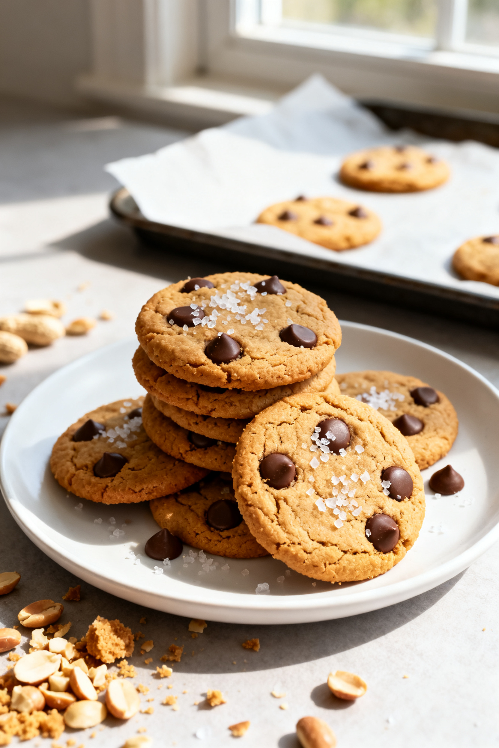Final plated presentation: beautifully stacked peanut butter cookies on a simple white plate, lightl