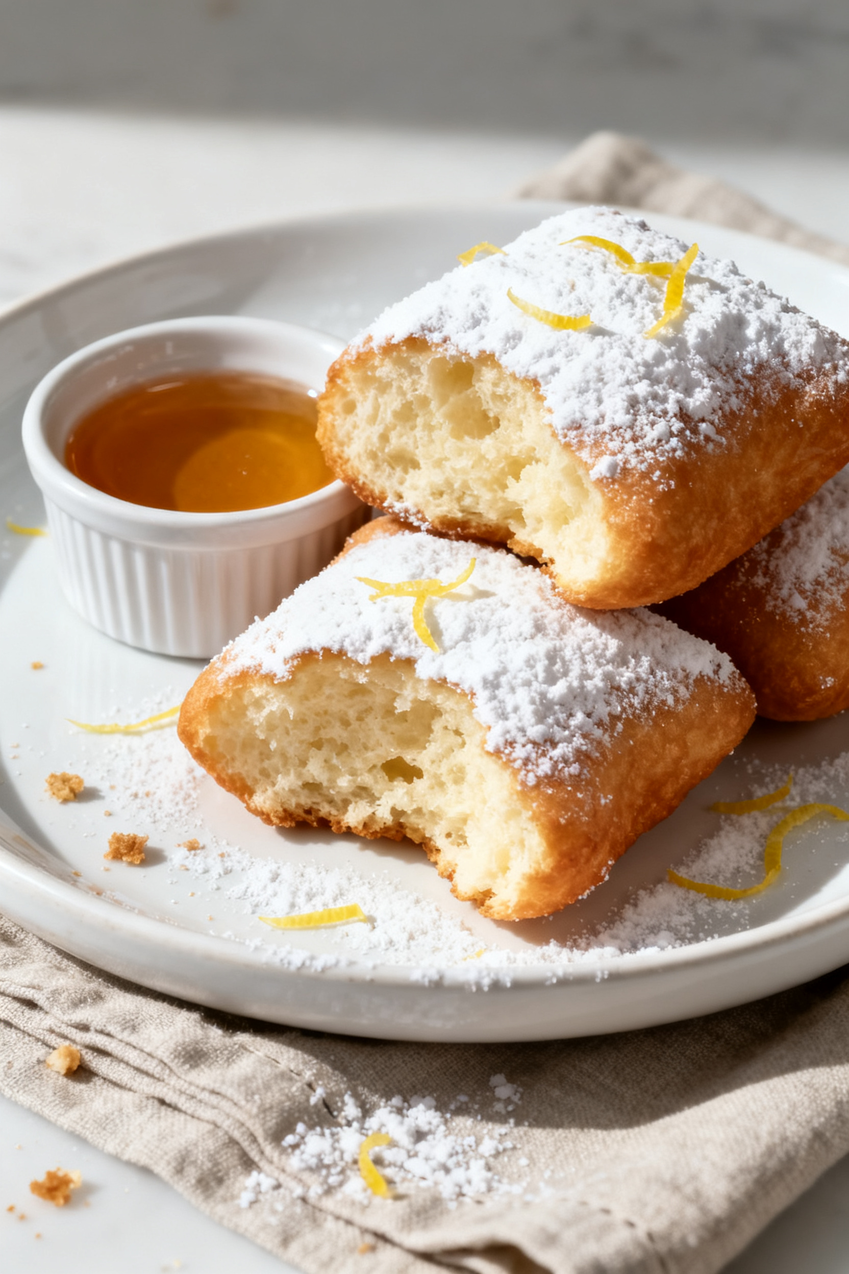 Final plated presentation: Café-style plate of beignets stacked slightly askew to showcase airy int