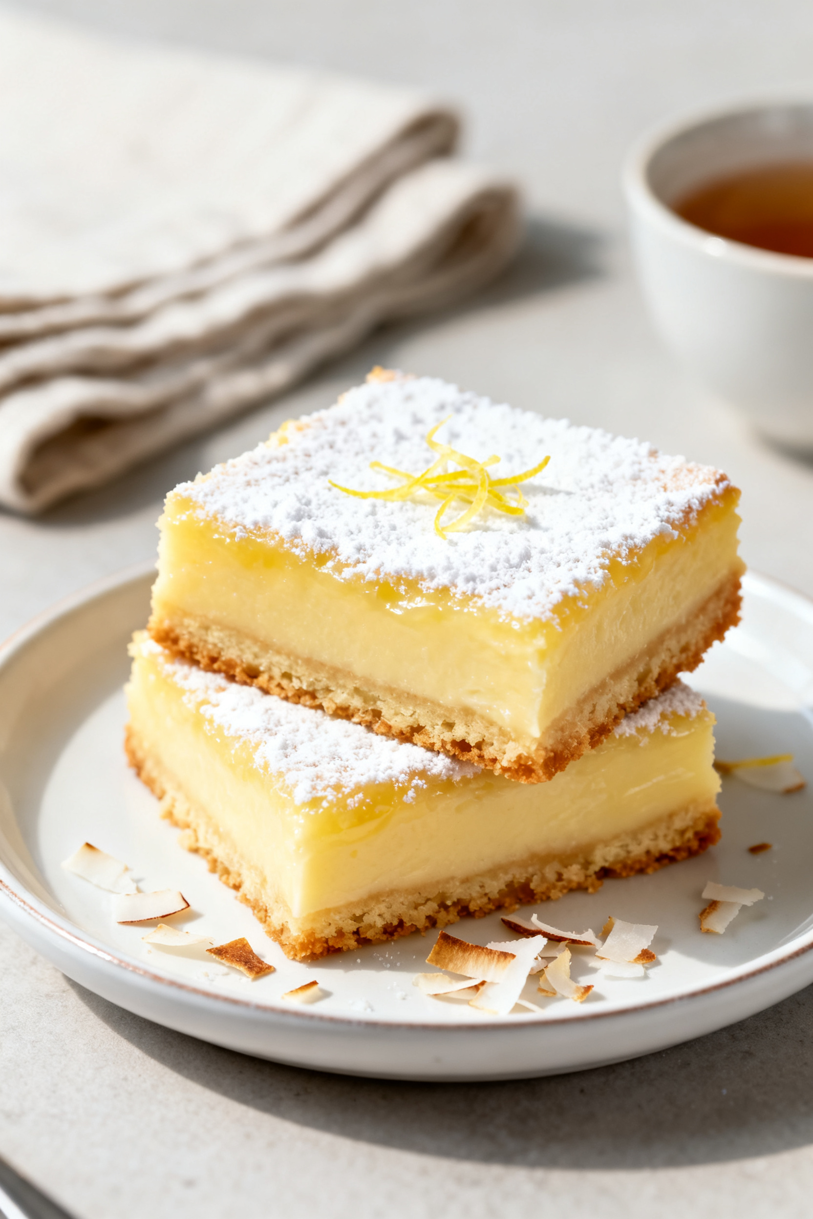 Final plated presentation of air fryer lemon bars: two bars stacked slightly askew on a small white
